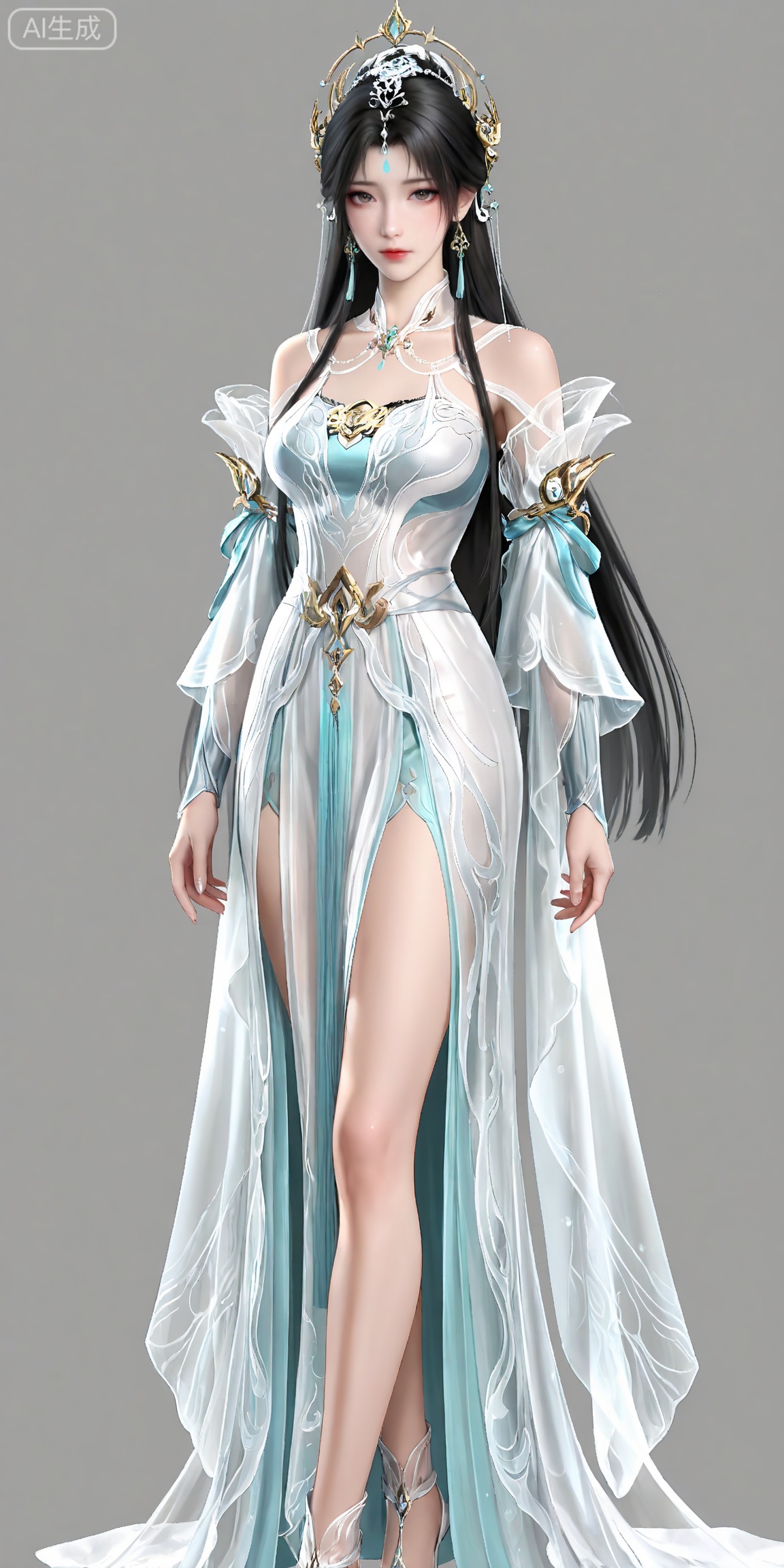 masterpiece,high quality,tall,game cg,highres,(soft light:1.2),white_skin,(shiny_skin:0.6),(realistic:1.1),lvjing,,qingyi,1girl,solo,jewelry,upper body,long hair,earrings,hair ornament,forehead mark,dress,facial mark,white dress,closed mouth,looking at viewer,grey background,simple background,brown hair,black hair,legs,long legs,white footwear,standing,