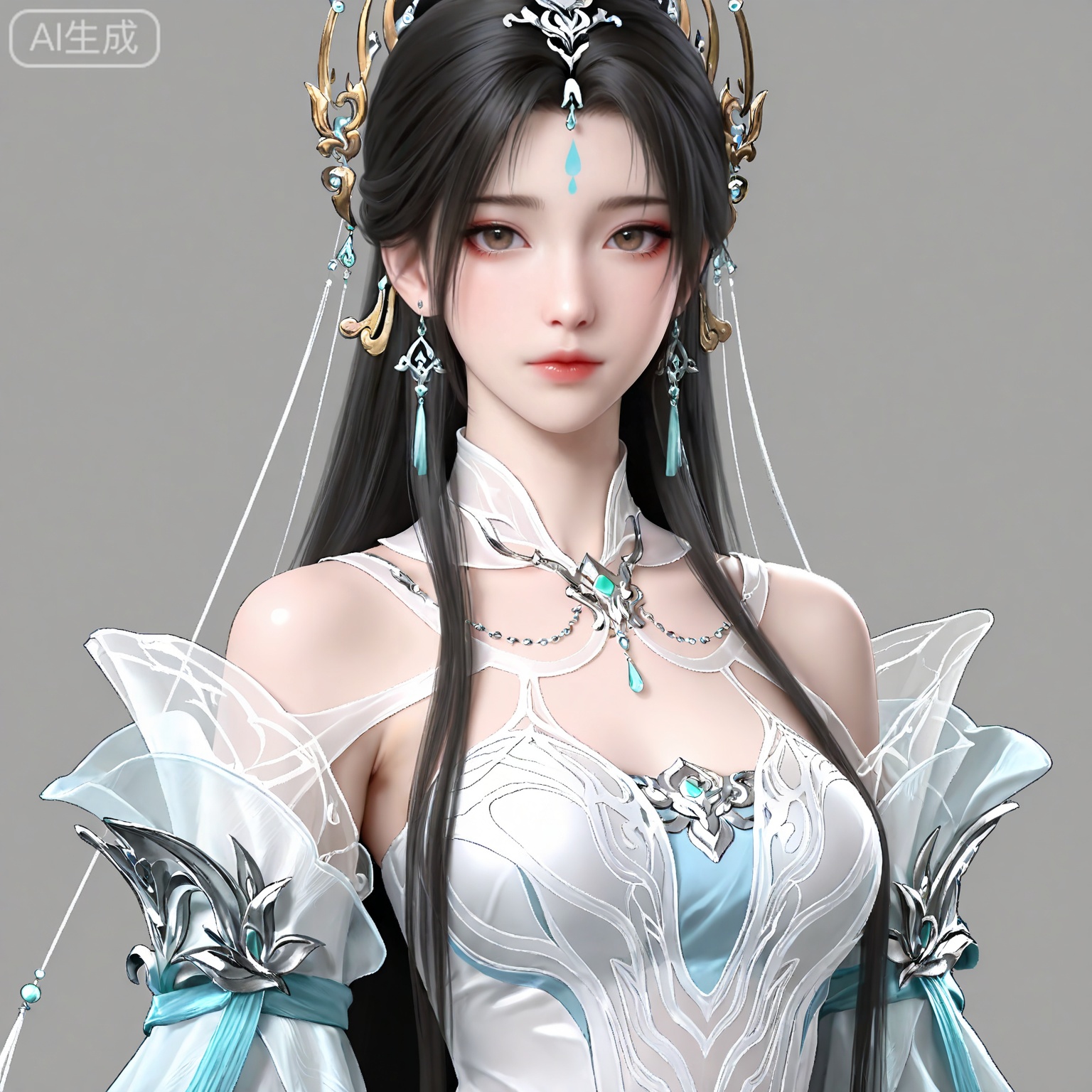 masterpiece,high quality,tall,game cg,highres,(soft light:1.2),white_skin,(shiny_skin:0.6),(realistic:1.1),lvjing,<lora:清漪·新建模ILL:0.6>,qingyi,1girl,solo,jewelry,upper body,long hair,earrings,hair ornament,forehead mark,dress,facial mark,white dress,closed mouth,looking at viewer,grey background,simple background,brown hair,black hair,