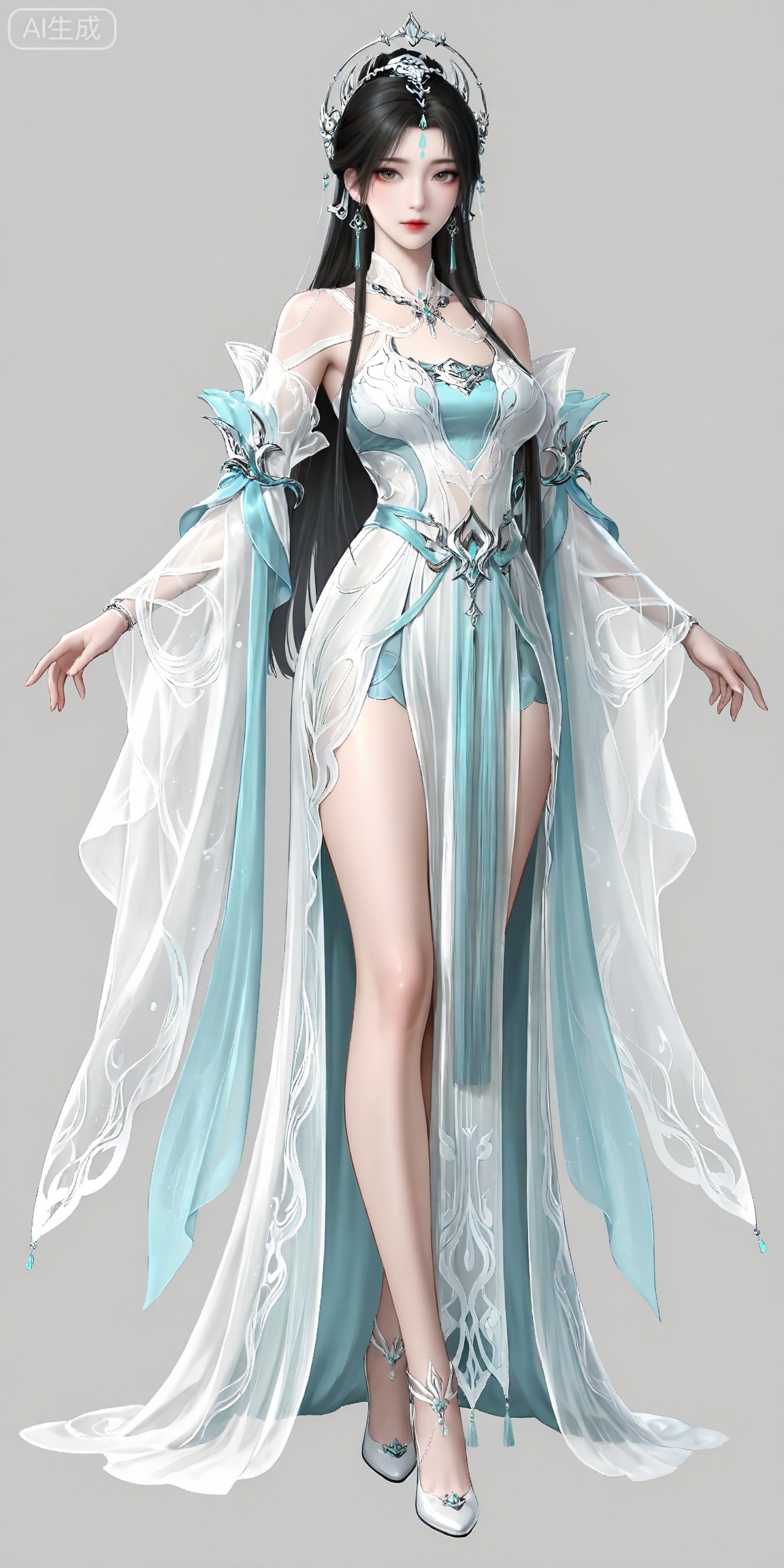 masterpiece,high quality,tall,game cg,highres,(soft light:1.2),white_skin,(shiny_skin:0.6),(realistic:1.1),lvjing,,qingyi,1girl,solo,jewelry,upper body,long hair,earrings,hair ornament,forehead mark,dress,facial mark,white dress,closed mouth,looking at viewer,grey background,simple background,brown hair,black hair,legs,long legs,white footwear,standing,