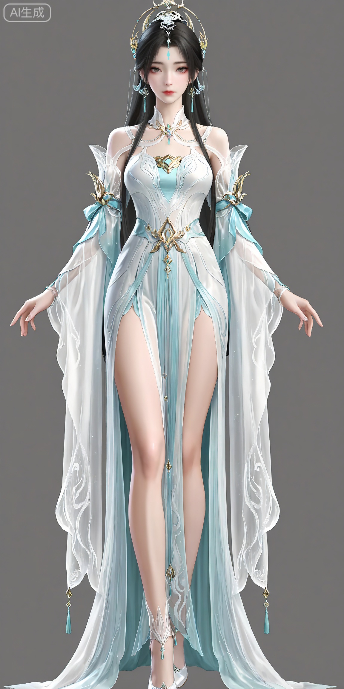 masterpiece,high quality,tall,game cg,highres,(soft light:1.2),white_skin,(shiny_skin:0.6),(realistic:1.1),lvjing,,qingyi,1girl,solo,jewelry,upper body,long hair,earrings,hair ornament,forehead mark,dress,facial mark,white dress,closed mouth,looking at viewer,grey background,simple background,brown hair,black hair,legs,long legs,white footwear,standing,
