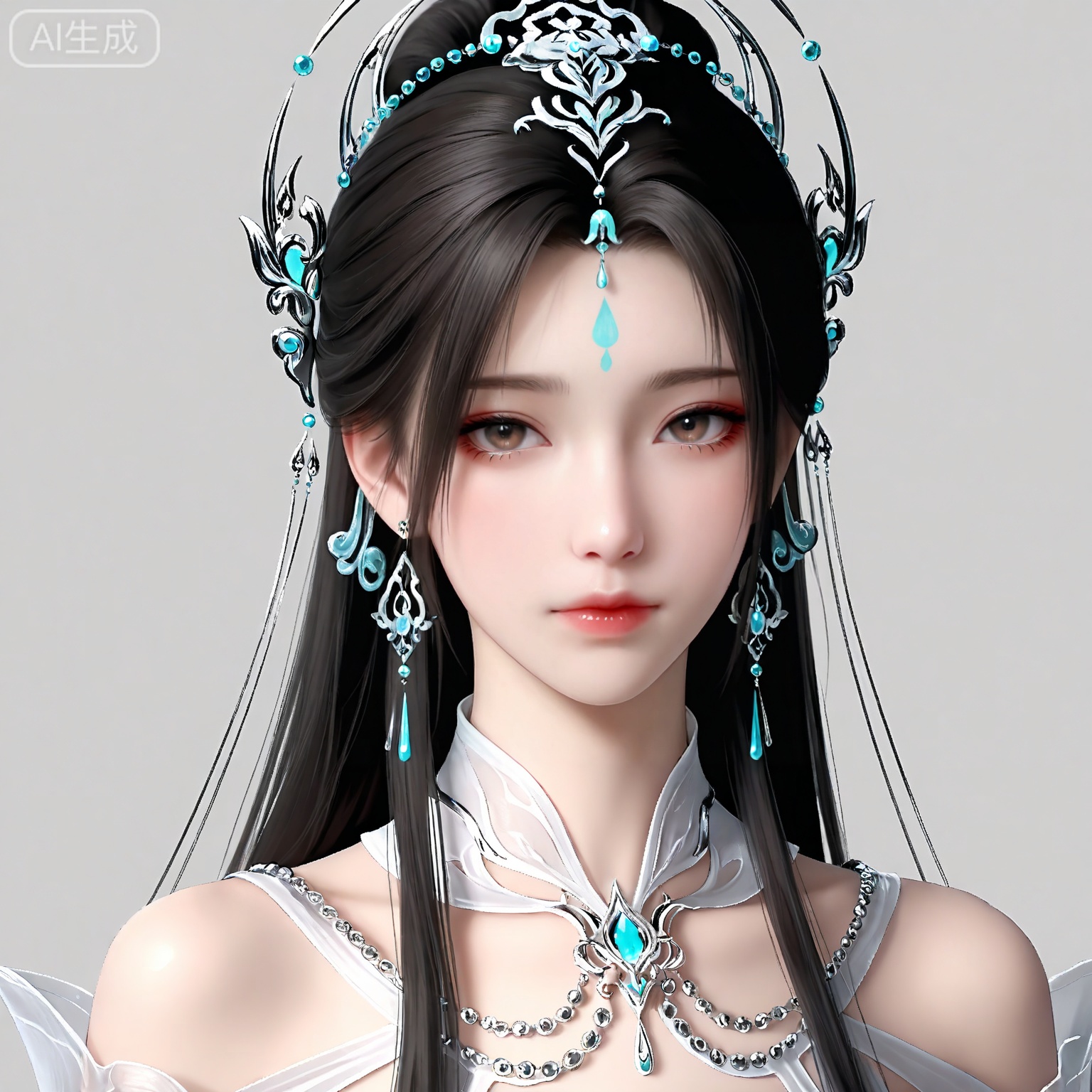masterpiece,high quality,tall,game cg,highres,(soft light:1.2),white_skin,(shiny_skin:0.6),(realistic:1.1),lvjing,<lora:清漪·新建模ILL:0.6>,qingyi,1girl,solo,jewelry,upper body,long hair,earrings,hair ornament,forehead mark,dress,facial mark,white dress,closed mouth,looking at viewer,grey background,simple background,brown hair,black hair,
