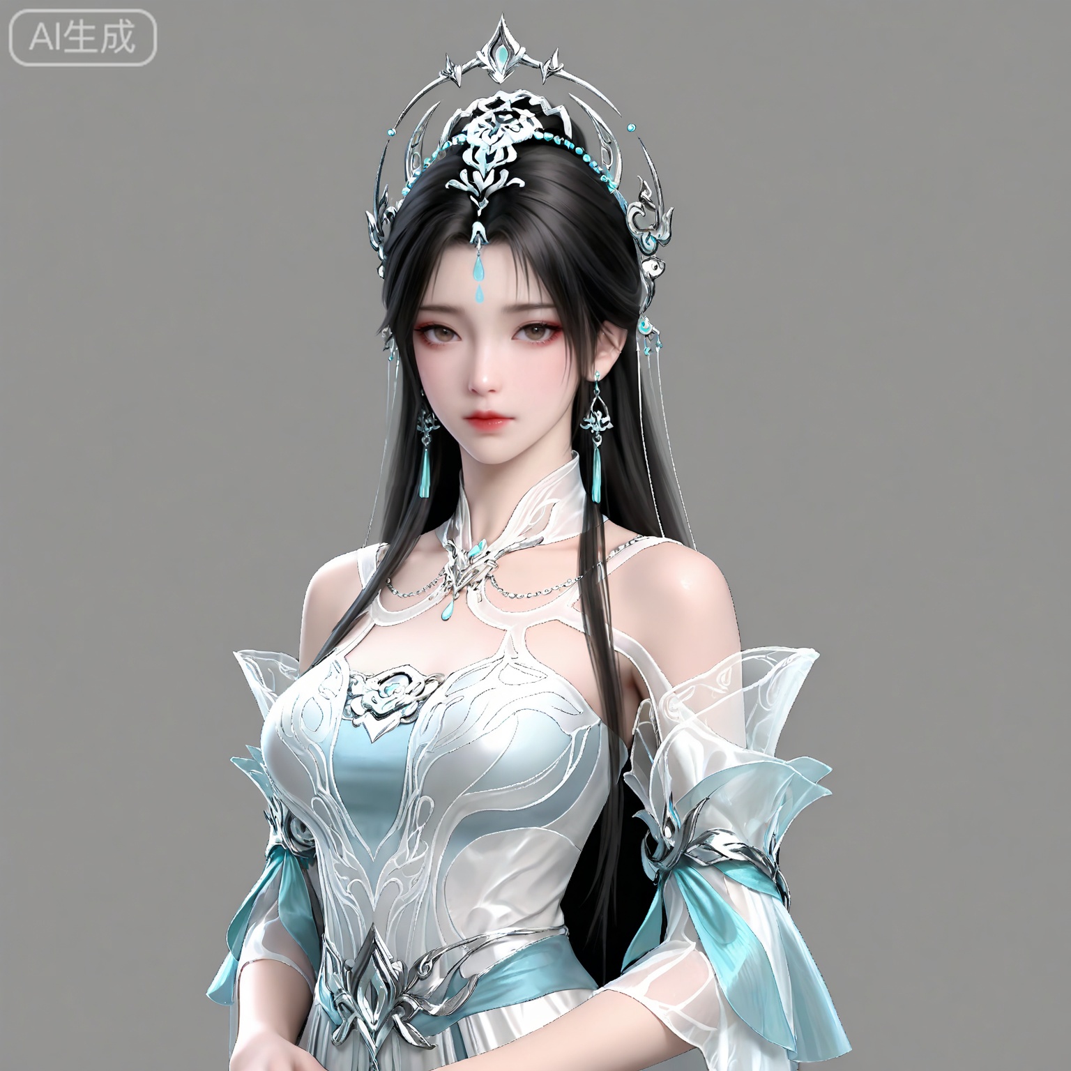 masterpiece,high quality,tall,game cg,highres,(soft light:1.2),white_skin,(shiny_skin:0.6),(realistic:1.1),lvjing,<lora:清漪·新建模ILL:0.6>,qingyi,1girl,solo,jewelry,upper body,long hair,earrings,hair ornament,forehead mark,dress,facial mark,white dress,closed mouth,looking at viewer,grey background,simple background,brown hair,black hair,