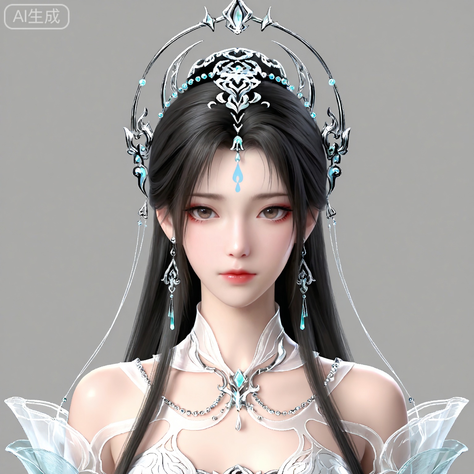 masterpiece,high quality,tall,game cg,highres,(soft light:1.2),white_skin,(shiny_skin:0.6),(realistic:1.1),lvjing,<lora:清漪·新建模ILL:0.6>,qingyi,1girl,solo,jewelry,upper body,long hair,earrings,hair ornament,forehead mark,dress,facial mark,white dress,closed mouth,looking at viewer,grey background,simple background,brown hair,black hair,