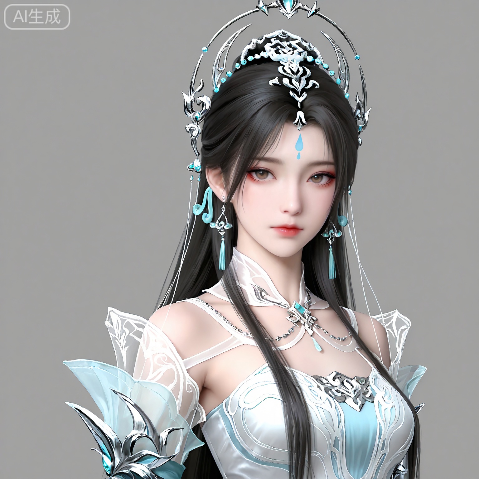 masterpiece,high quality,tall,game cg,highres,(soft light:1.2),white_skin,(shiny_skin:0.6),(realistic:1.1),lvjing,<lora:清漪·新建模ILL:0.6>,qingyi,1girl,solo,jewelry,upper body,long hair,earrings,hair ornament,forehead mark,dress,facial mark,white dress,closed mouth,looking at viewer,grey background,simple background,brown hair,black hair,