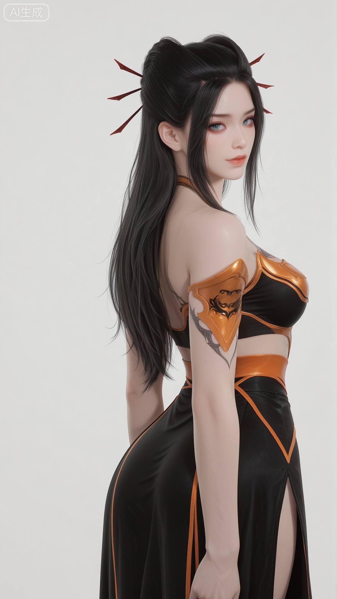 YLJ clothes, solo, exquisite skin, cowboy_shot, looking at viewer, even illumination, very awa, simple background,