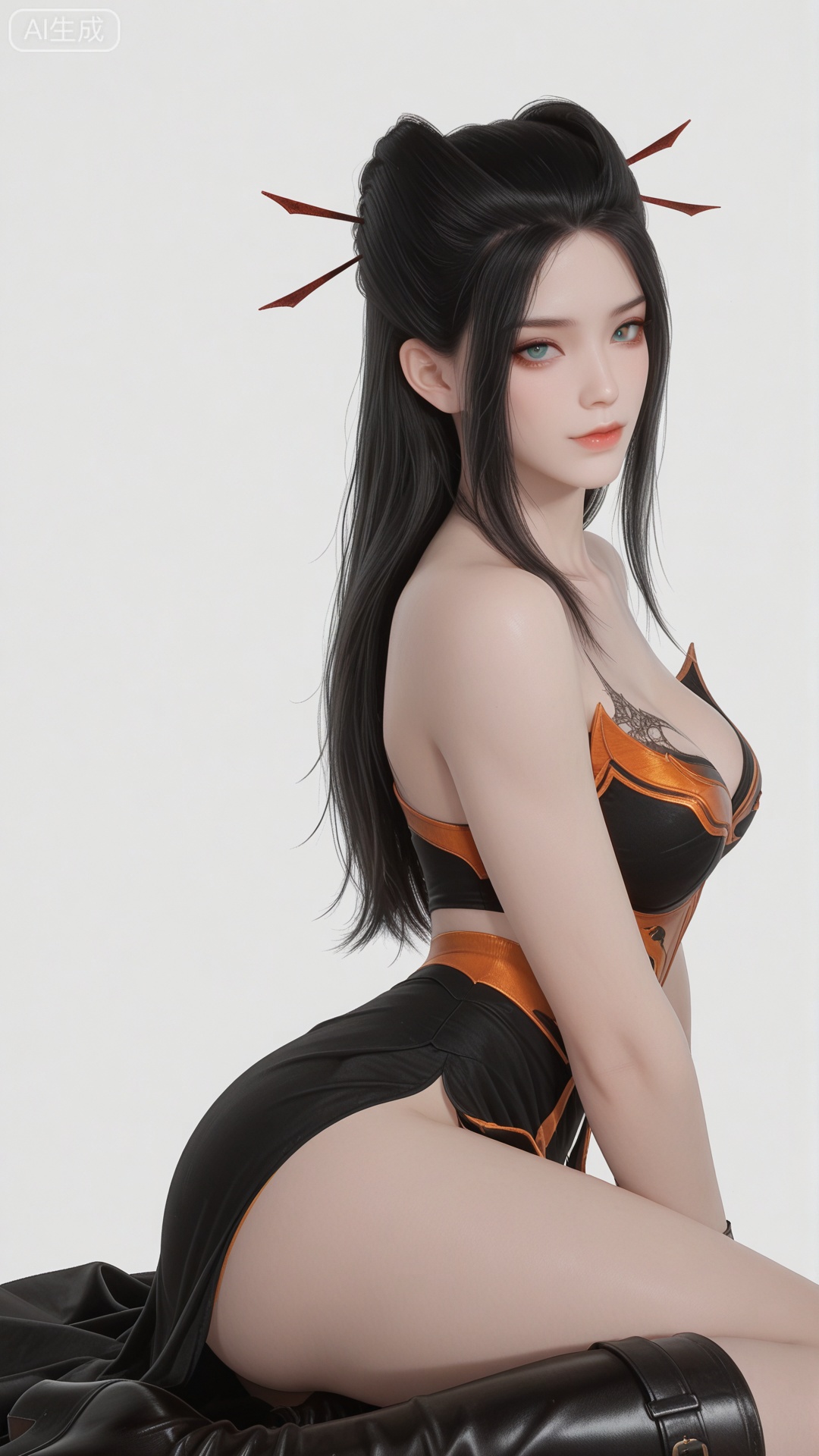 YLJ clothes, solo, exquisite skin, yokozuwari, boots, cowboy_shot, looking at viewer, even illumination, very awa, simple background,