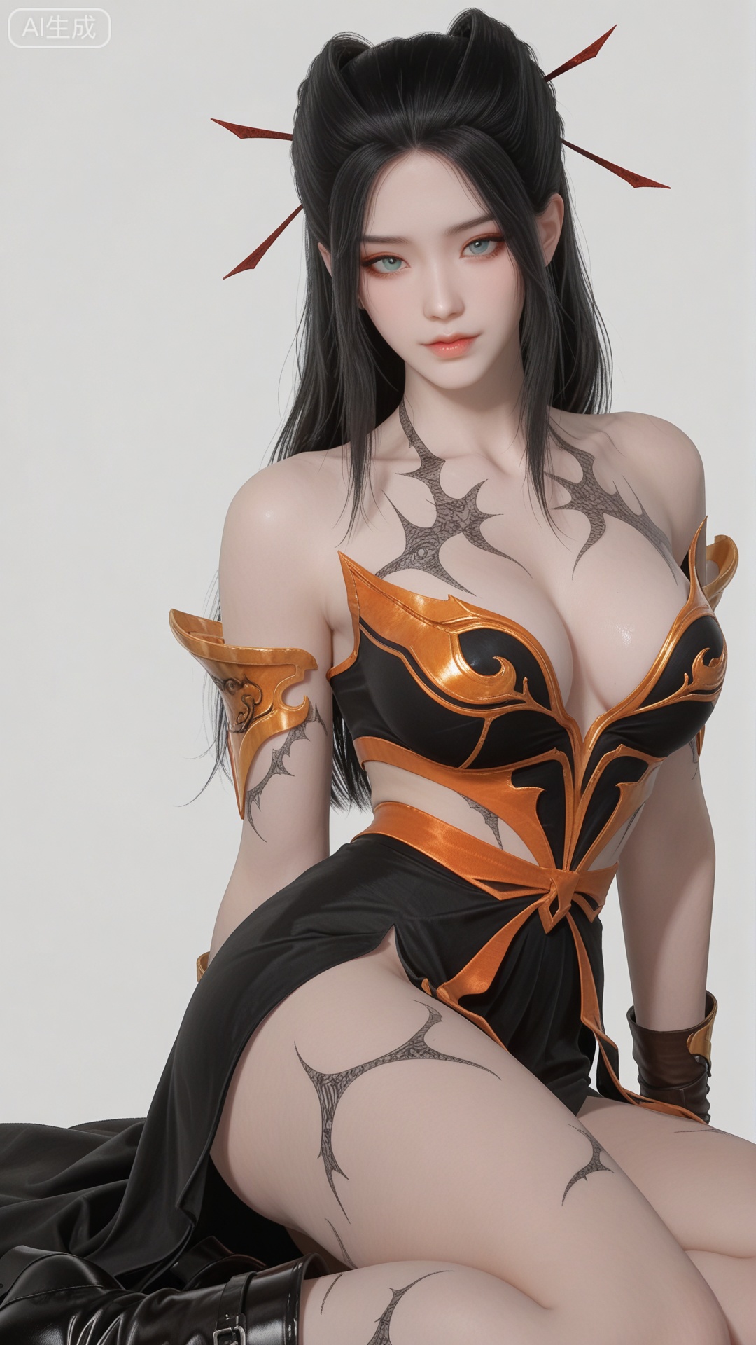 YLJ clothes, solo, exquisite skin, yokozuwari, boots, cowboy_shot, looking at viewer, even illumination, very awa, simple background,