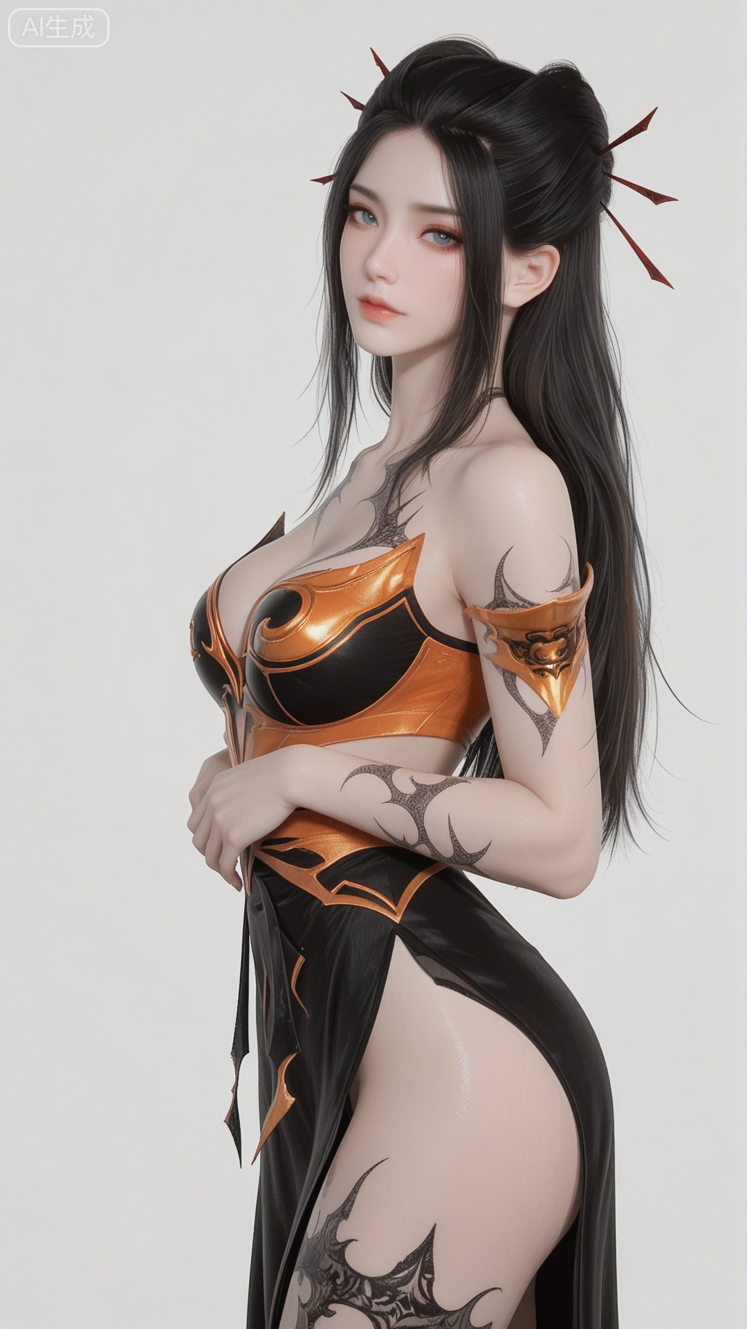 YLJ clothes, solo, exquisite skin, cowboy_shot, looking at viewer, even illumination, very awa, simple background,