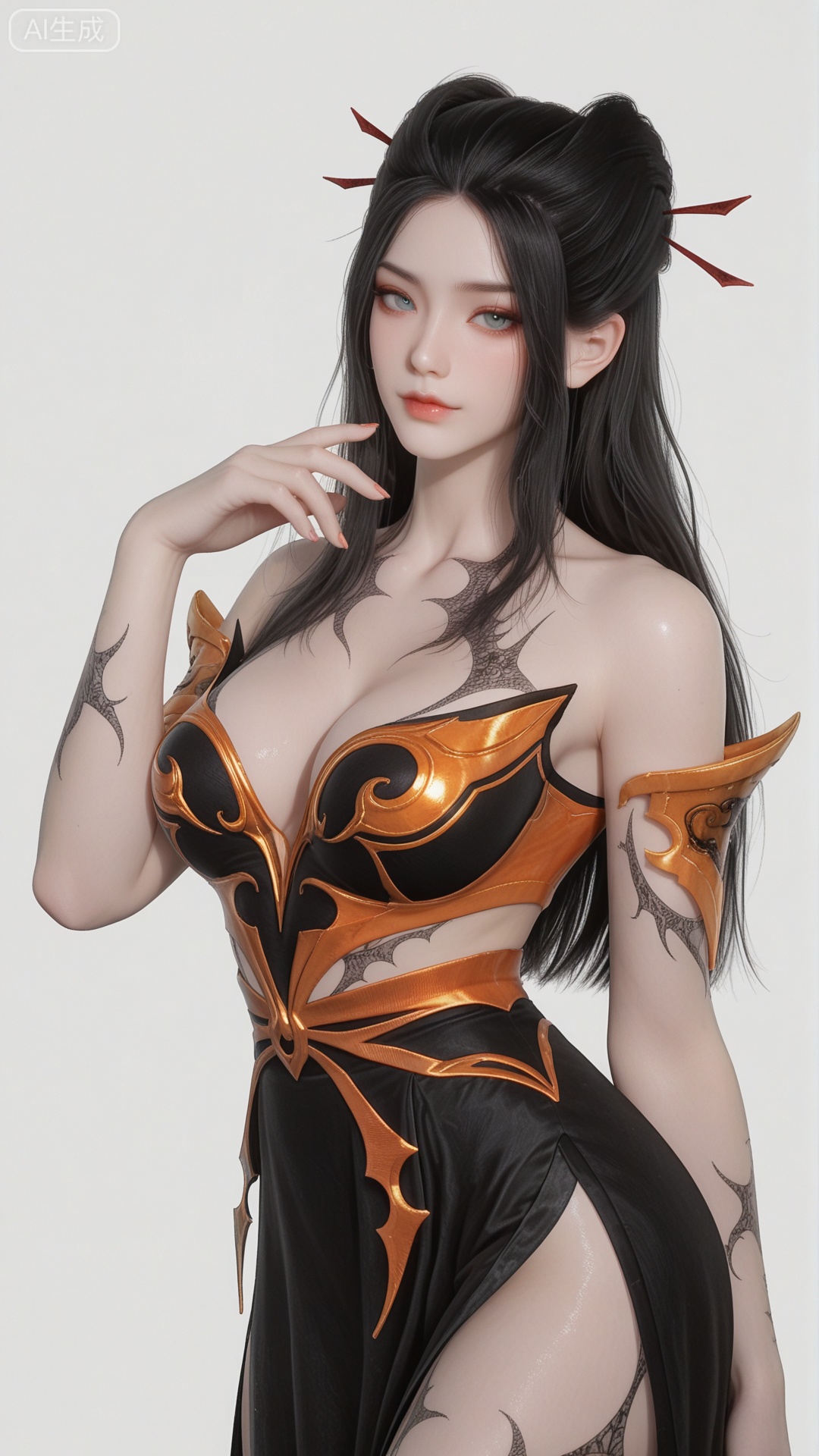 YLJ clothes, solo, exquisite skin, cowboy_shot, looking at viewer, even illumination, very awa, simple background,