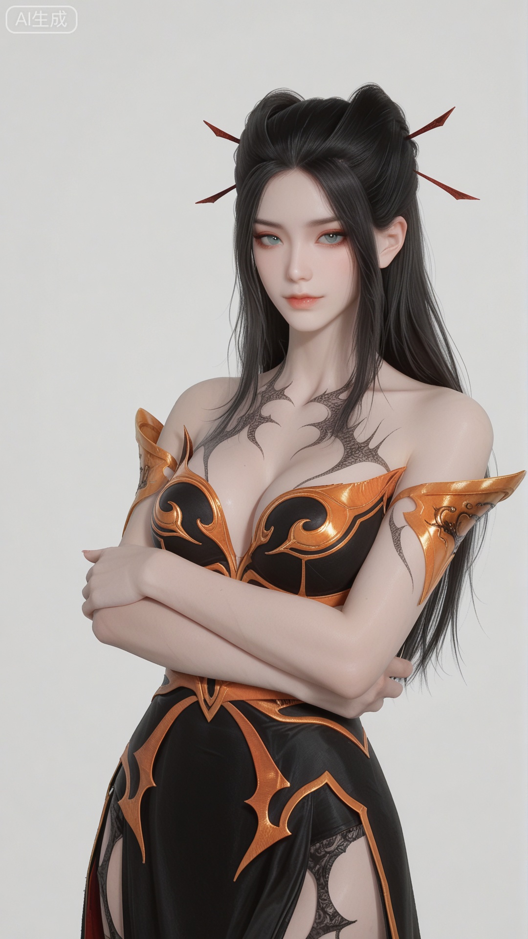 YLJ clothes, solo, exquisite skin, cowboy_shot, looking at viewer, even illumination, very awa, simple background,