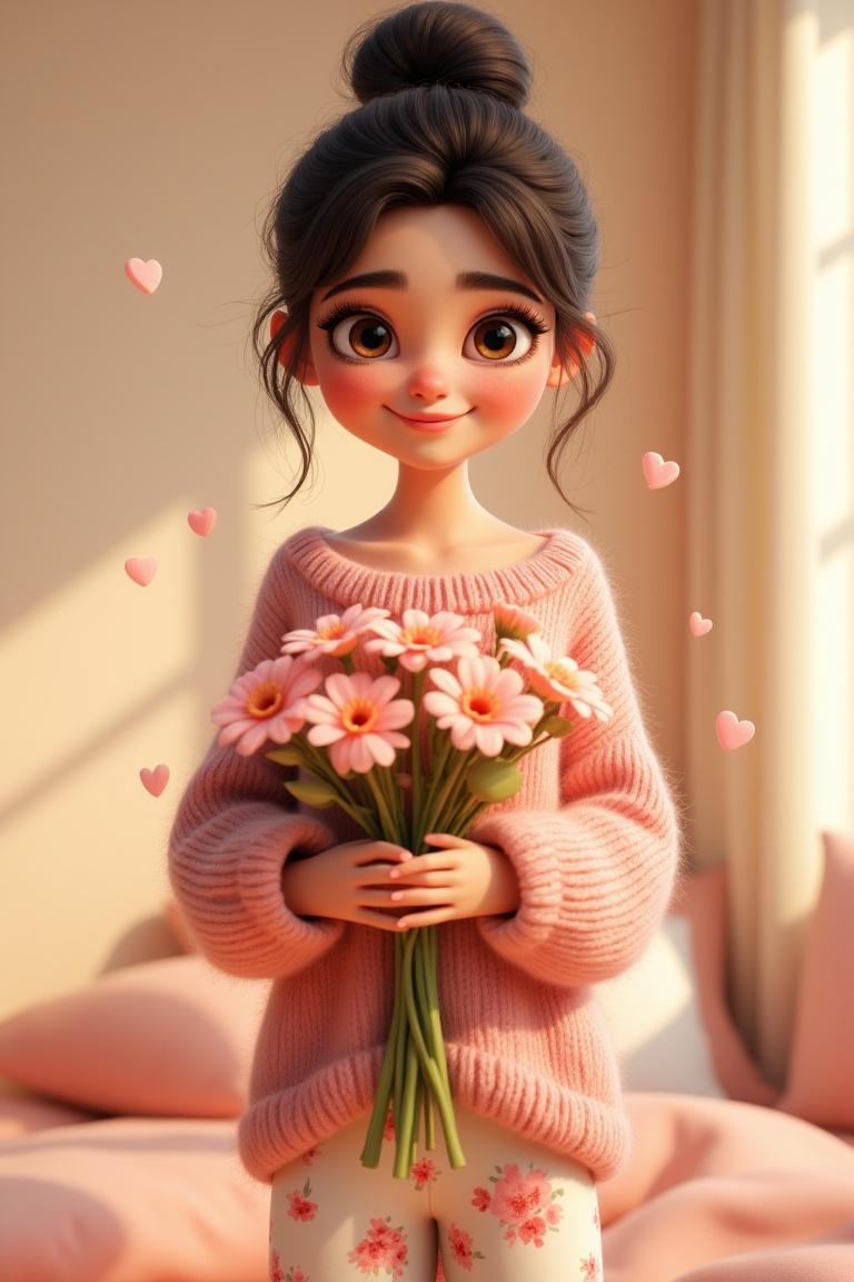 annrin_cozytoon,  stylized young woman holding a bouquet of pastel flowers,  wearing an oversized knitted sweater and flor...