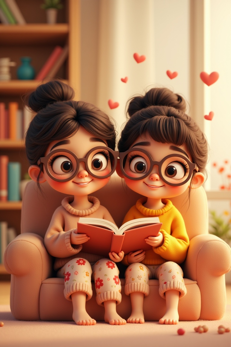 annrin_cozytoon,  cute 3D stylized young ladies sitting reading a book at library,  wearing cozy oversized sweaters and fl...
