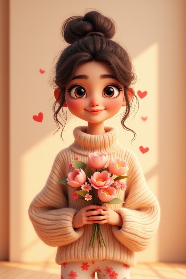 annrin_cozytoon,  stylized young woman holding a bouquet of pastel flowers,  wearing an oversized knitted sweater and flor...