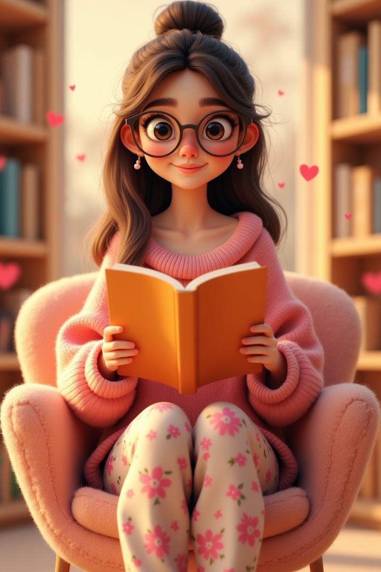 annrin_cozytoon,  stylized young woman sitting reading a book at library,  wearing a cozy oversized sweater and floral paj...