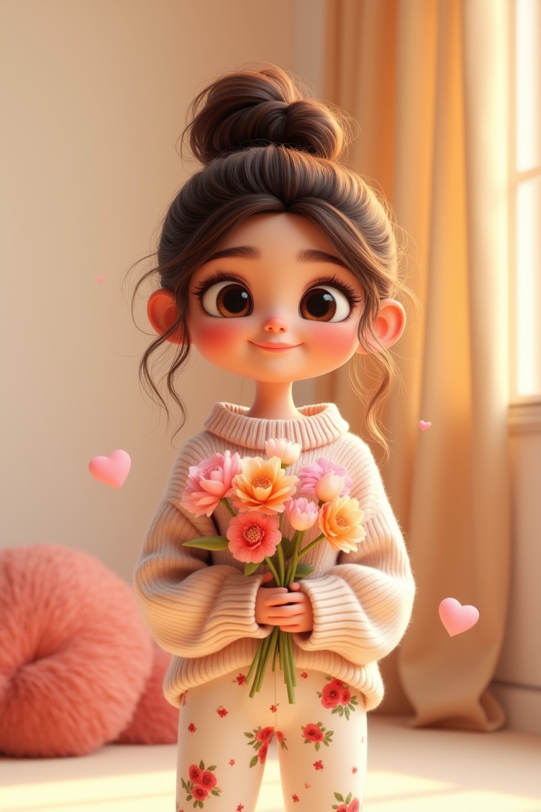annrin_cozytoon,  cute 3D stylized girl holding a bouquet of pastel flowers,  wearing an oversized knitted sweater and flo...