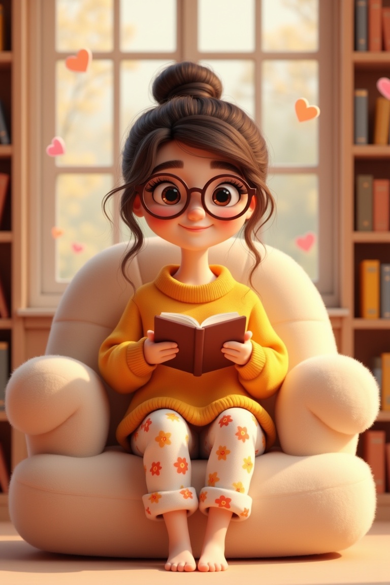 annrin_cozytoon,  stylized young woman sitting reading a book at library,  wearing a cozy oversized sweater and floral paj...