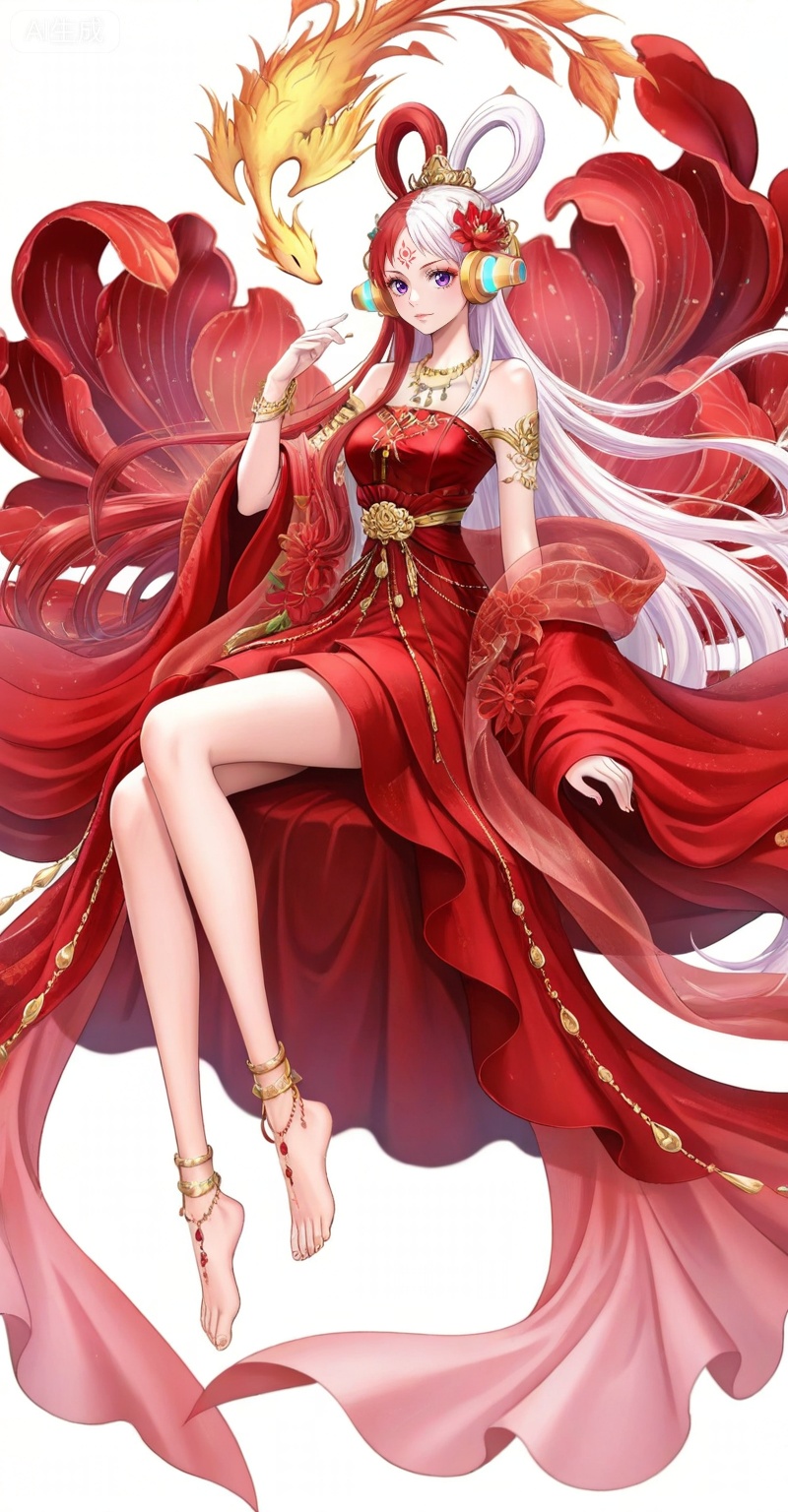 ,Uta,Uta (one piece),Uta one piece,1girl,solo,split-color hair,red hair,two-tone hair,headphones,multicolored hair,hair rings,long hair,purple eyes,white hair,
lvjing, 1girl, phoenix, dress, long hair, red dress, barefoot, hair ornament, flower,  jewelry, forehead mark, full body, anklet, facial mark, bare legs, sitting, necklace, solo, lotus, bare shoulders, 3,
depth of field,masterpiece,best quality,very aesthetic,alternate costume,alternate costume,2024,2023,perfect composition,ultra-detailed,extreme aesthetic,masterpiece,best quality,good quality,newest,year 2024,year 2023,very aesthetic,absurdres,looking_at_viewer,colorful,white_background,simple background,