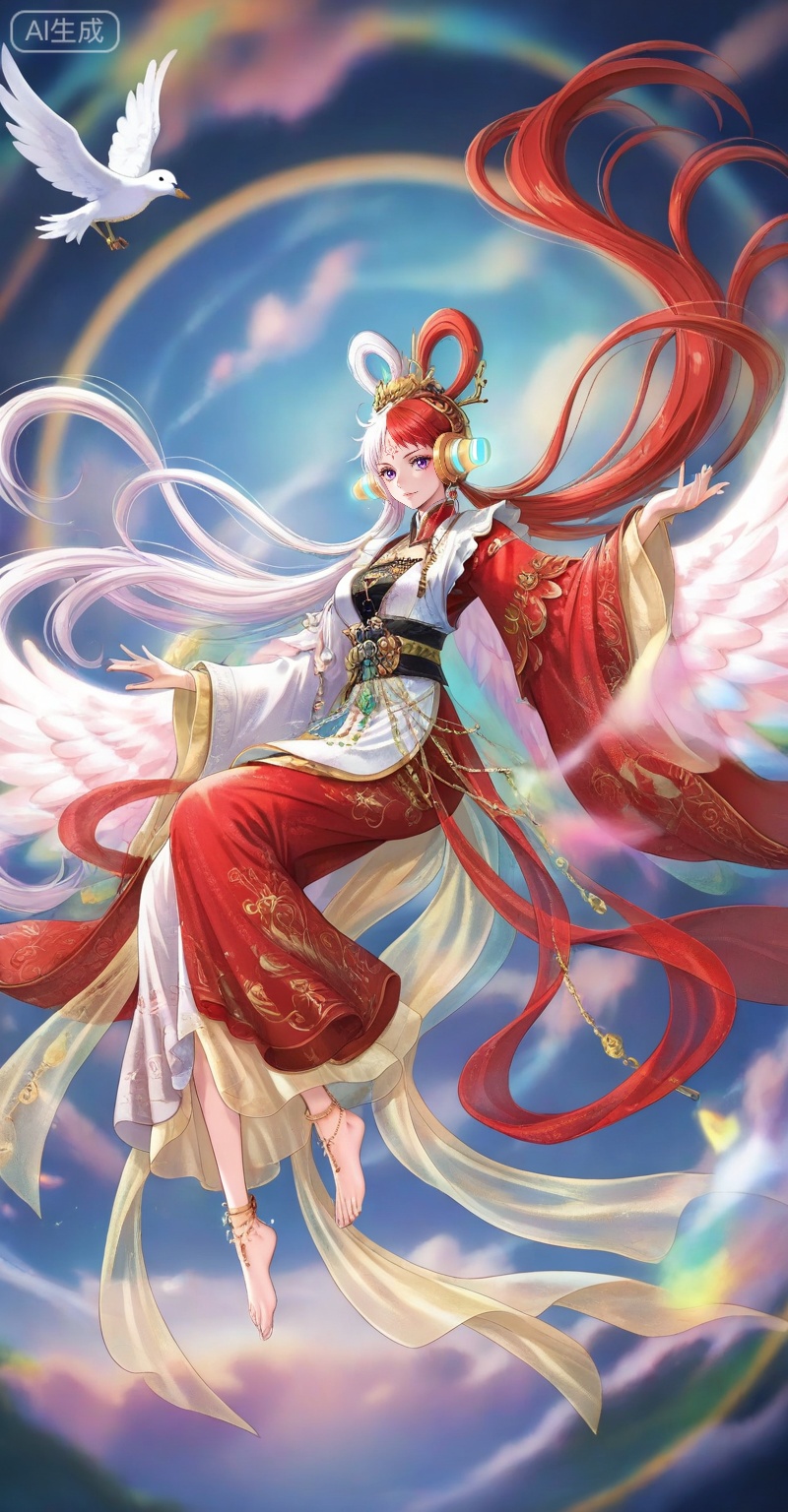 ,Uta,Uta (one piece),Uta one piece,1girl,solo,split-color hair,red hair,two-tone hair,headphones,multicolored hair,hair rings,long hair,purple eyes,white hair,
lvjing,1girl,bird,long hair,dress,jewelry,solo,hair ornament,forehead mark,anklet,barefoot,facial mark,chinese clothes,full body,floating,5,
depth of field,masterpiece,best quality,very aesthetic,alternate costume,alternate costume,2024,2023,perfect composition,ultra-detailed,extreme aesthetic,masterpiece,best quality,good quality,newest,year 2024,year 2023,very aesthetic,absurdres,looking_at_viewer,colorful,
