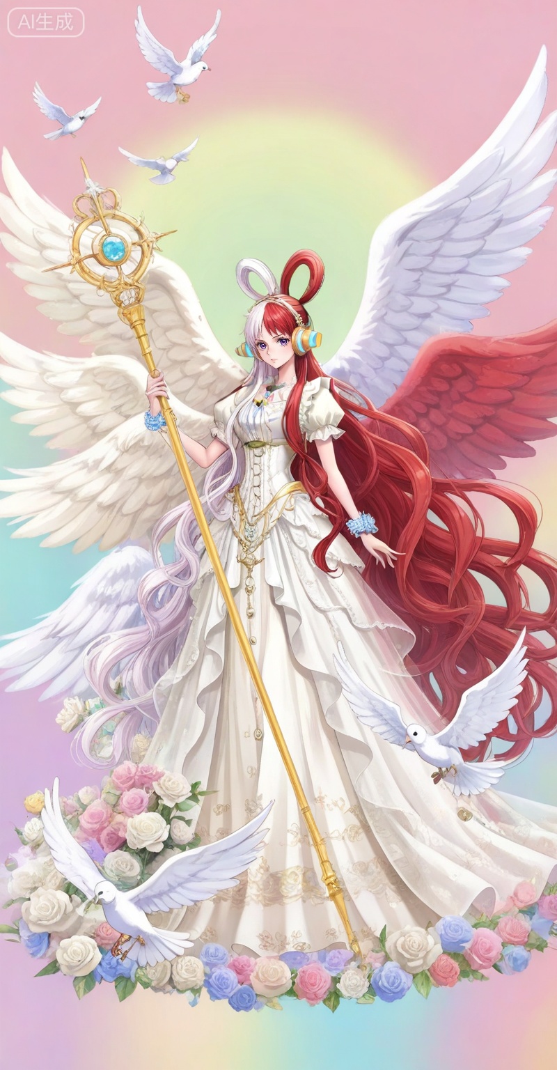 ,Uta,Uta (one piece),Uta one piece,1girl,solo,split-color hair,red hair,two-tone hair,headphones,multicolored hair,hair rings,long hair,purple eyes,white hair,
lvjing,1girl,wings,solo,bird,flower,long hair,dress,dove,angel wings,feathered wings,very long hair,holding,white wings,white dress,rose,staff,multiple wings,animal,4,
depth of field,masterpiece,best quality,very aesthetic,alternate costume,alternate costume,2024,2023,perfect composition,ultra-detailed,extreme aesthetic,masterpiece,best quality,good quality,newest,year 2024,year 2023,very aesthetic,absurdres,looking_at_viewer,colorful,white_background,simple background,