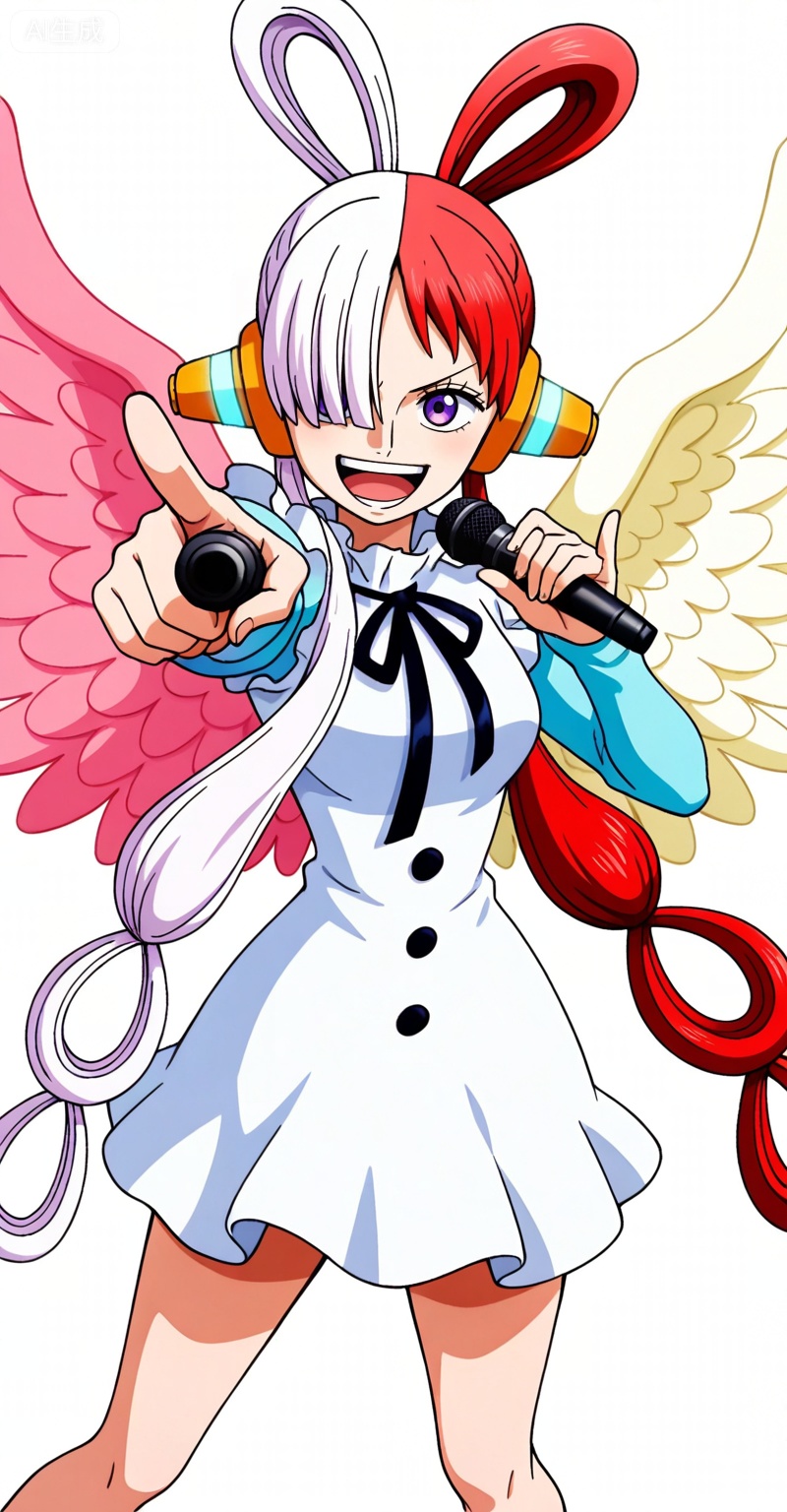 ,Uta,Uta (one piece),Uta one piece,1girl,solo,split-color hair,red hair,two-tone hair,headphones,multicolored hair,hair rings,long hair,purple eyes,white hair,
Uta, Uta (one piece), Uta one piece, 1girl, solo, split-color hair, white hair, multicolored hair, wings, two-tone hair, hair over one eye, red hair, hair rings, microphone, purple eyes, dress, headphones, white dress, open mouth, long hair, pointing, holding, pointing at viewer, holding microphone, looking at viewer, ribbon, black ribbon, feathered wings, smile, single sleeve, 19
depth of field,masterpiece,best quality,very aesthetic,alternate costume,alternate costume,2024,2023,perfect composition,ultra-detailed,extreme aesthetic,masterpiece,best quality,good quality,newest,year 2024,year 2023,very aesthetic,absurdres,looking_at_viewer,colorful,white_background,simple background,