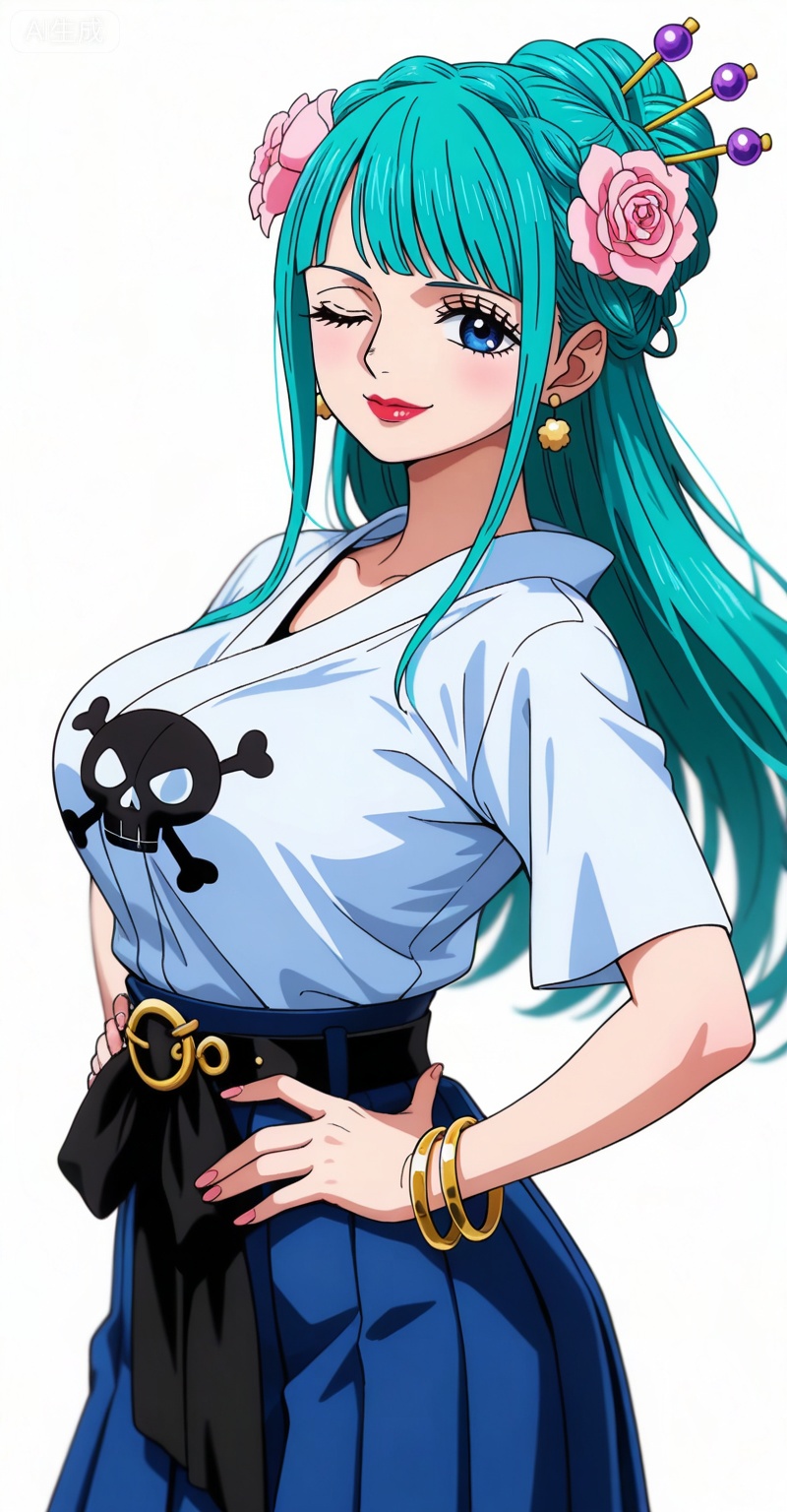 ,kozuki hiyori (one piece),kozuki hiyori one piece,hair ornament,flower,hair flower,aqua hair,makeup,long hair,lipstick,blue eyes,pink flower,red lips,green hair,
1girl,one eye closed,long hair,jewelry,smile,bracelet,large breasts,solo,shirt,looking at viewer,earrings,hands on own hips,jolly roger,belt,skirt,standing,bangle,20,


depth of field,masterpiece,best quality,very aesthetic,alternate costume,alternate costume,2024,2023,perfect composition,ultra-detailed,extreme aesthetic,masterpiece,best quality,good quality,newest,year 2024,year 2023,very aesthetic,absurdres,looking_at_viewer,colorful,upper_body,kimono,white_background,simple background,wind,


