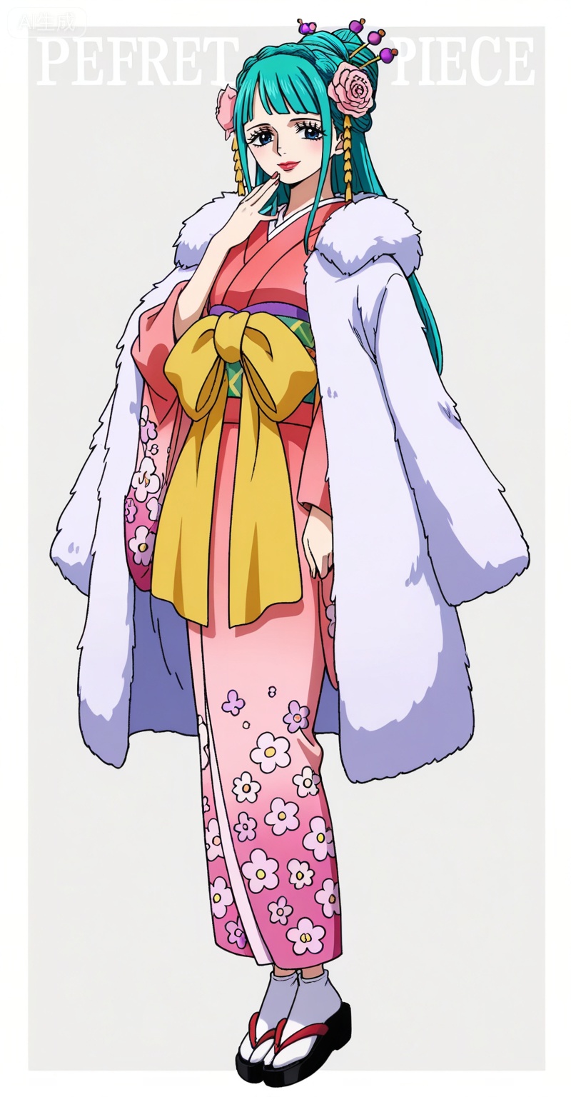 ,kozuki hiyori (one piece),kozuki hiyori one piece,hair ornament,flower,hair flower,aqua hair,makeup,long hair,lipstick,blue eyes,pink flower,red lips,green hair,
Kozuki Hiyori (one piece), Kozuki Hiyori one piece, 1girl, solo, japanese clothes, kimono, full body, hair ornament, hair flower, flower, tabi, sandals, long hair, floral print, pink kimono, sash, socks, looking at viewer, standing, coat on shoulders, green hair, character name, coat, simple background, hair stick, aqua hair, pink flower, hair bun, border, english text, hand to own mouth, copyright name, zouri, smile, blunt bangs, wide sleeves, white socks, obi, fur coat, bow, grey background, long sleeves
depth of field,masterpiece,best quality,very aesthetic,alternate costume,alternate costume,2024,2023,perfect composition,ultra-detailed,extreme aesthetic,masterpiece,best quality,good quality,newest,year 2024,year 2023,very aesthetic,absurdres,looking_at_viewer,colorful,upper_body,kimono,white_background,simple background,wind,


