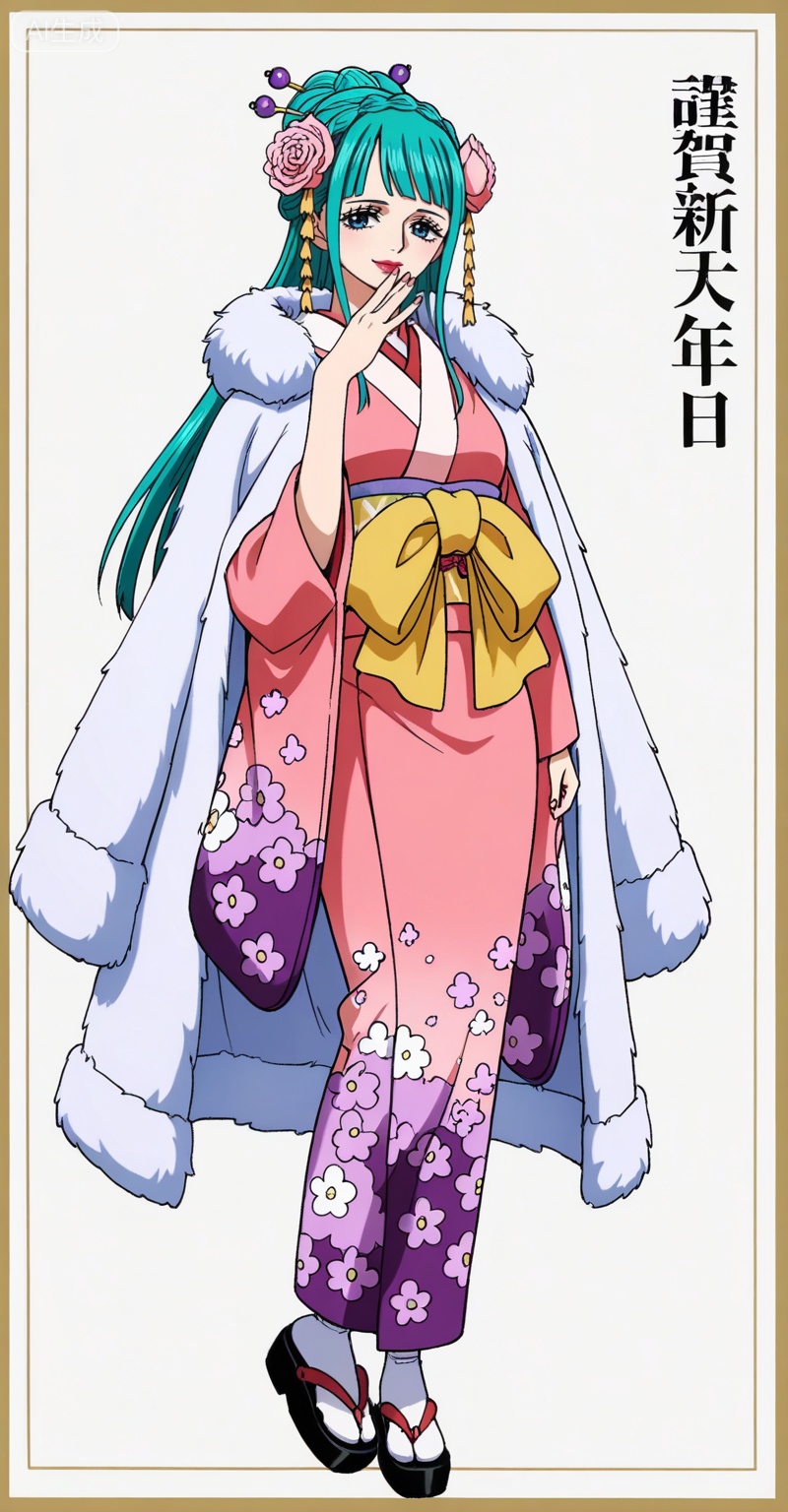,kozuki hiyori (one piece),kozuki hiyori one piece,hair ornament,flower,hair flower,aqua hair,makeup,long hair,lipstick,blue eyes,pink flower,red lips,green hair,
Kozuki Hiyori (one piece), Kozuki Hiyori one piece, 1girl, solo, japanese clothes, kimono, full body, hair ornament, hair flower, flower, tabi, sandals, long hair, floral print, pink kimono, sash, socks, looking at viewer, standing, coat on shoulders, green hair, character name, coat, simple background, hair stick, aqua hair, pink flower, hair bun, border, english text, hand to own mouth, copyright name, zouri, smile, blunt bangs, wide sleeves, white socks, obi, fur coat, bow, grey background, long sleeves
depth of field,masterpiece,best quality,very aesthetic,alternate costume,alternate costume,2024,2023,perfect composition,ultra-detailed,extreme aesthetic,masterpiece,best quality,good quality,newest,year 2024,year 2023,very aesthetic,absurdres,looking_at_viewer,colorful,upper_body,kimono,white_background,simple background,wind,



