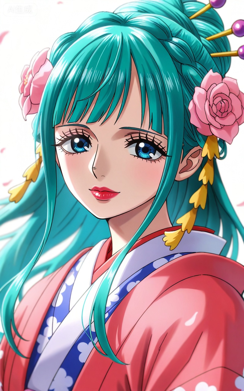 ,kozuki hiyori (one piece),kozuki hiyori one piece,hair ornament,flower,hair flower,aqua hair,makeup,long hair,lipstick,blue eyes,pink flower,red lips,green hair,depth of field,masterpiece,best quality,very aesthetic,alternate costume,alternate costume,2024,2023,perfect composition,ultra-detailed,extreme aesthetic,masterpiece,best quality,good quality,newest,year 2024,year 2023,very aesthetic,absurdres,looking_at_viewer,colorful,upper_body,kimono,white_background,simple background,wind,


