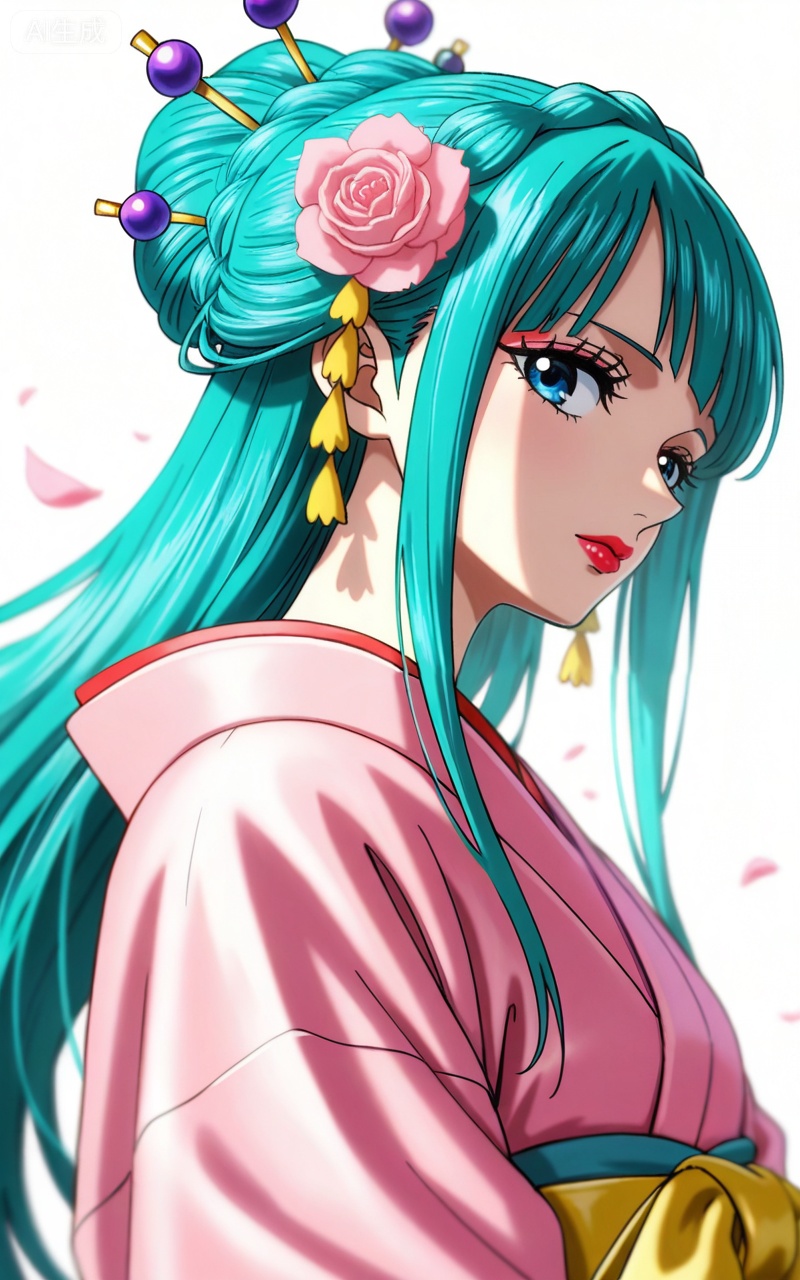 ,kozuki hiyori (one piece),kozuki hiyori one piece,hair ornament,flower,hair flower,aqua hair,makeup,long hair,lipstick,blue eyes,pink flower,red lips,green hair,depth of field,masterpiece,best quality,very aesthetic,alternate costume,alternate costume,2024,2023,perfect composition,ultra-detailed,extreme aesthetic,masterpiece,best quality,good quality,newest,year 2024,year 2023,very aesthetic,absurdres,looking_at_viewer,colorful,upper_body,kimono,white_background,simple background,wind,



