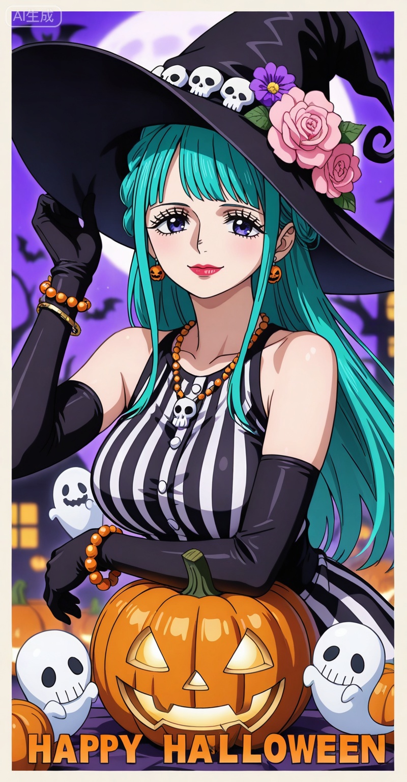 kozuki hiyori (one piece),kozuki hiyori one piece,hair ornament,flower,hair flower,aqua hair,makeup,long hair,lipstick,blue eyes,pink flower,red lips,green hair,
1girl,witch hat,gloves,jewelry,hat,breasts,solo,jack-o'-lantern,dress,halloween,earrings,ghost,black gloves,necklace,looking at viewer,black dress,pumpkin,smile,black headwear,sleeveless,elbow gloves,happy halloween,sleeveless dress,striped dress,bracelet,purple eyes,border,skull,upper body,halloween costume,witch,striped clothes,hand on headwear,large breasts,closed mouth,bare shoulders,

depth of field,masterpiece,best quality,very aesthetic,alternate costume,alternate costume,2024,2023,perfect composition,ultra-detailed,extreme aesthetic,masterpiece,best quality,good quality,newest,year 2024,year 2023,very aesthetic,absurdres,looking_at_viewer,colorful,upper_body,kimono,white_background,simple background,wind,


