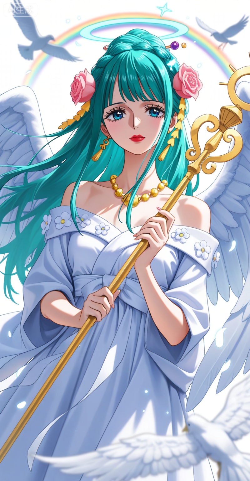 ,kozuki hiyori (one piece),kozuki hiyori one piece,hair ornament,flower,hair flower,aqua hair,makeup,long hair,lipstick,blue eyes,pink flower,red lips,green hair,
lvjing,1girl,long hair,solo,dress,flower,wings,very long hair,jewelry,staff,pegasus,angel wings,rose,hair ornament,rainbow,earrings,white dress,bird,hair flower,holding,bare shoulders,white wings,6,

depth of field,masterpiece,best quality,very aesthetic,alternate costume,alternate costume,2024,2023,perfect composition,ultra-detailed,extreme aesthetic,masterpiece,best quality,good quality,newest,year 2024,year 2023,very aesthetic,absurdres,looking_at_viewer,colorful,upper_body,kimono,white_background,simple background,wind,


