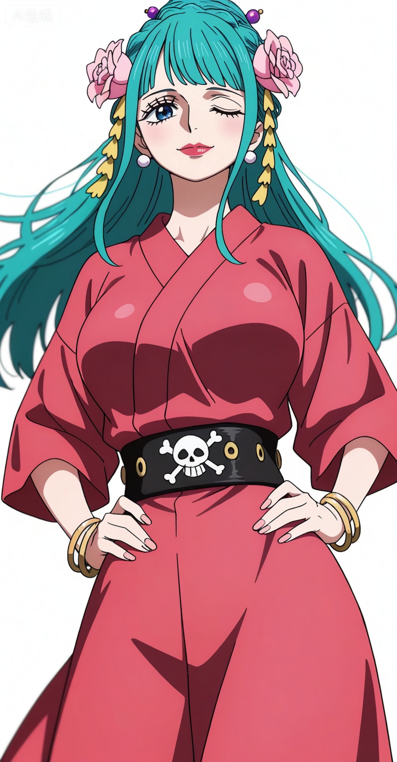 ,kozuki hiyori (one piece),kozuki hiyori one piece,hair ornament,flower,hair flower,aqua hair,makeup,long hair,lipstick,blue eyes,pink flower,red lips,green hair,
1girl,one eye closed,long hair,jewelry,smile,bracelet,large breasts,solo,shirt,looking at viewer,earrings,hands on own hips,jolly roger,belt,skirt,standing,bangle,20,


depth of field,masterpiece,best quality,very aesthetic,alternate costume,alternate costume,2024,2023,perfect composition,ultra-detailed,extreme aesthetic,masterpiece,best quality,good quality,newest,year 2024,year 2023,very aesthetic,absurdres,looking_at_viewer,colorful,upper_body,kimono,white_background,simple background,wind,


