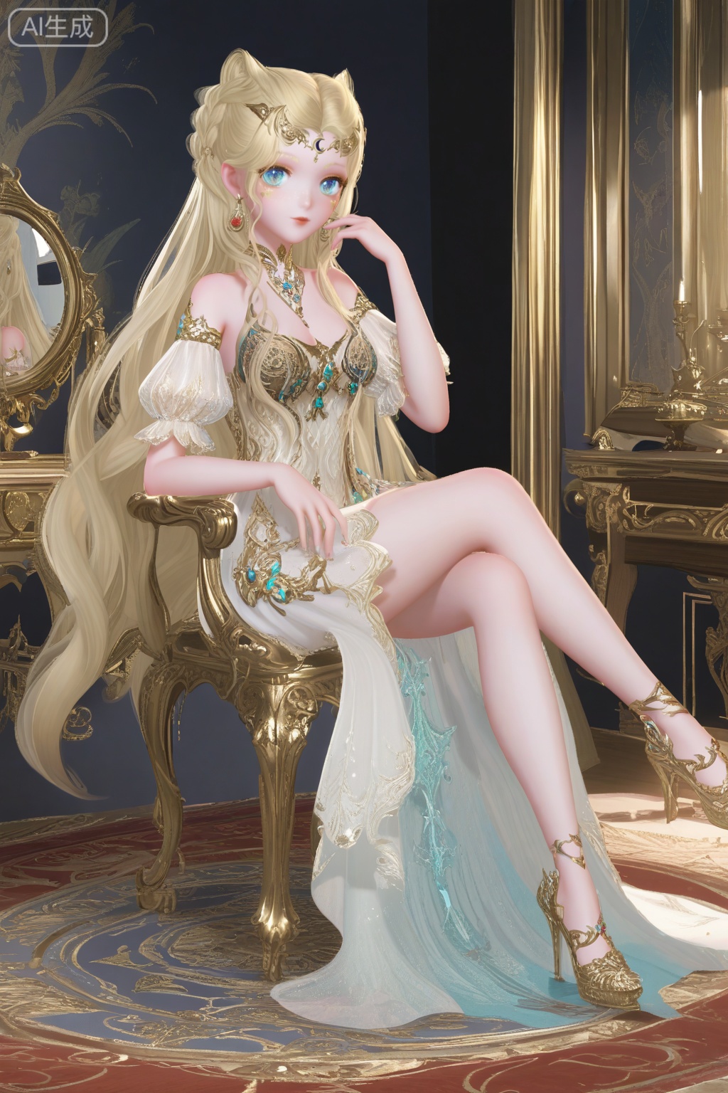 masterpiece, best quality, masterpiece,best quality,official art,extremely detailed CG unity 8k wallpaper,1girl,solo,long hair,breasts,looking at viewer,blue eyes,blonde hair,hair ornament,cleavage,bare shoulders,jewelry,very long hair,earrings,detached sleeves,puffy sleeves,hair bun,white dress,see-through,double bun,facial mark,crescent,forehead mark,simple background,Bedroom,indoors,(hand up:1.2),(perfect hands.:1.2),stiletto heels,glint,crossed legs,side mirror