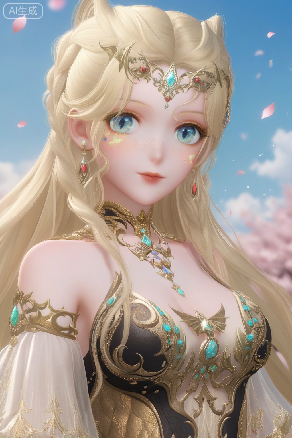 masterpiece, best quality, masterpiece,best quality,official art,extremely detailed CG unity 8k wallpaper,1girl,solo,long hair,breasts,looking at viewer,blue eyes,blonde hair,hair ornament,cleavage,bare shoulders,jewelry,very long hair,earrings,hair bun,double bun,facial mark,portrait,blurry background,wind,petals,