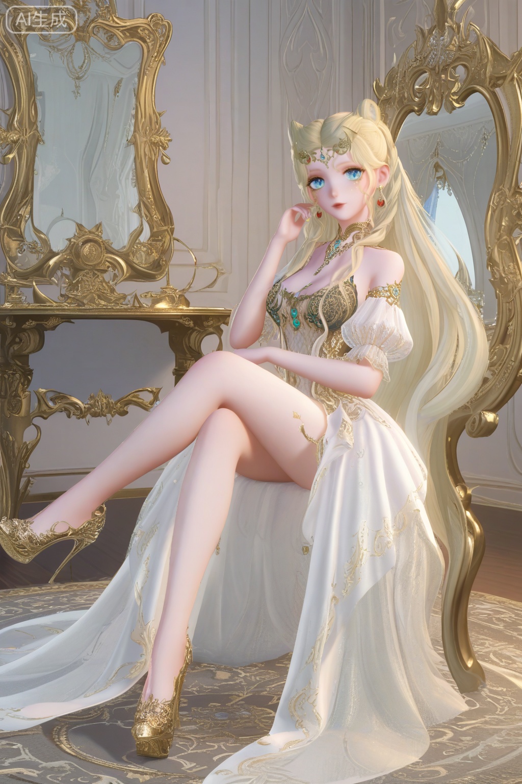 masterpiece, best quality, masterpiece,best quality,official art,extremely detailed CG unity 8k wallpaper,1girl,solo,long hair,breasts,looking at viewer,blue eyes,blonde hair,hair ornament,cleavage,bare shoulders,jewelry,very long hair,earrings,detached sleeves,puffy sleeves,hair bun,white dress,see-through,double bun,facial mark,crescent,forehead mark,simple background,Bedroom,indoors,(hand up:1.2),(perfect hands.:1.2),stiletto heels,glint,crossed legs,side mirror