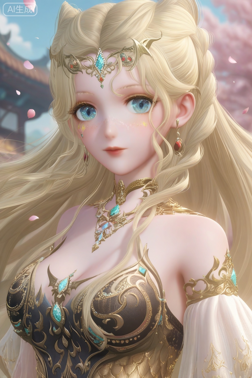 masterpiece, best quality, masterpiece,best quality,official art,extremely detailed CG unity 8k wallpaper,1girl,solo,long hair,breasts,looking at viewer,blue eyes,blonde hair,hair ornament,cleavage,bare shoulders,jewelry,very long hair,earrings,hair bun,double bun,facial mark,portrait,blurry background,wind,petals,