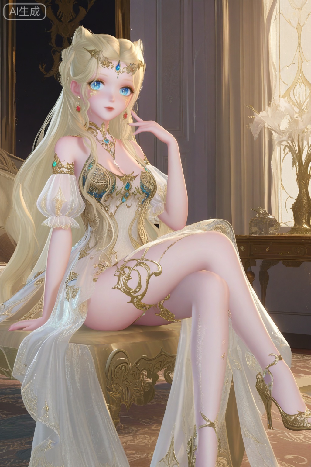 masterpiece, best quality, masterpiece,best quality,official art,extremely detailed CG unity 8k wallpaper,1girl,solo,long hair,breasts,looking at viewer,blue eyes,blonde hair,hair ornament,cleavage,bare shoulders,jewelry,very long hair,earrings,detached sleeves,puffy sleeves,hair bun,white dress,see-through,double bun,facial mark,crescent,forehead mark,simple background,Bedroom,indoors,(hand up:1.2),(perfect hands.:1.2),stiletto heels,glint,crossed legs