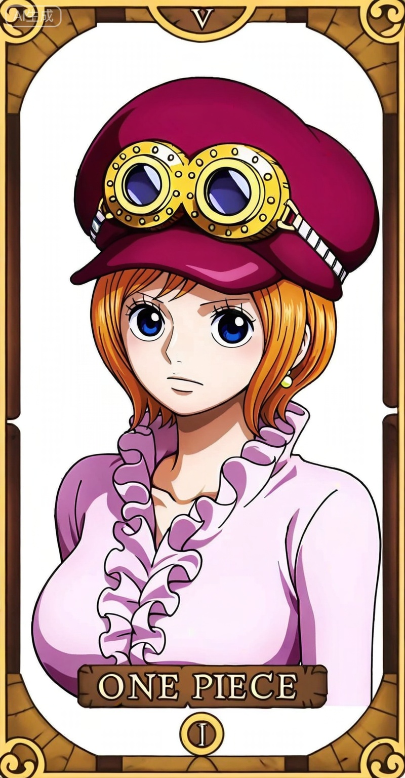 Koala one piece,Koala\(one piece\),1girl,solo,hat,blue eyes,orange hair,goggles,short hair,goggles on headwear,
1girl,solo,earrings,jewelry,looking at viewer,breasts,tarot,collarbone,upper body,dress,closed mouth,card \(medium\),tarot \(medium\),frills,border,

,
depth of field,masterpiece,best quality,very aesthetic,alternate costume,alternate costume,2024,2023,perfect composition,ultra-detailed,extreme aesthetic,masterpiece,best quality,good quality,newest,year 2024,year 2023,very aesthetic,absurdres,looking_at_viewer,colorful,(white_background:1.1),simple background,