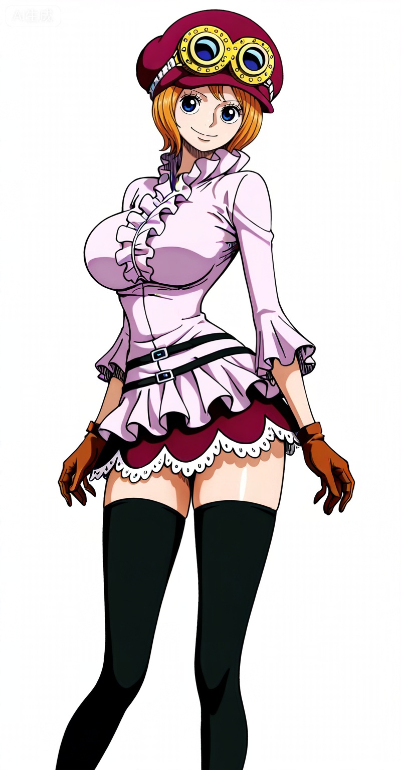 ,Koala one piece,Koala\(one piece\),1girl,solo,thighhighs,hat,breasts,gloves,blue eyes,orange hair,large breasts,goggles,short hair,skirt,goggles on headwear,black thighhighs,smile,depth of field,masterpiece,best quality,very aesthetic,alternate costume,alternate costume,2024,2023,perfect composition,ultra-detailed,extreme aesthetic,masterpiece,best quality,good quality,newest,year 2024,year 2023,very aesthetic,absurdres,looking_at_viewer,colorful,(white_background:1.1),simple background,