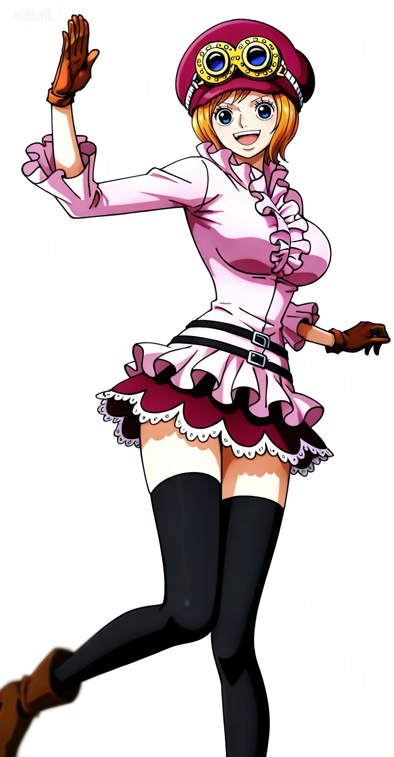 Koala one piece,Koala\(one piece\),1girl,solo,hat,blue eyes,orange hair,goggles,short hair,goggles on headwear,
Koala one piece, Koala\(one piece\), 1girl, thighhighs, blonde hair, hat, goggles, gloves, solo, goggles on headwear, short hair, large breasts, breasts, blue eyes, skirt, open mouth, smile, frills, boots, black thighhighs, pink shirt, brown gloves, belt, brown footwear
depth of field,masterpiece,best quality,very aesthetic,alternate costume,alternate costume,2024,2023,perfect composition,ultra-detailed,extreme aesthetic,masterpiece,best quality,good quality,newest,year 2024,year 2023,very aesthetic,absurdres,looking_at_viewer,colorful,(white_background:1.1),simple background,