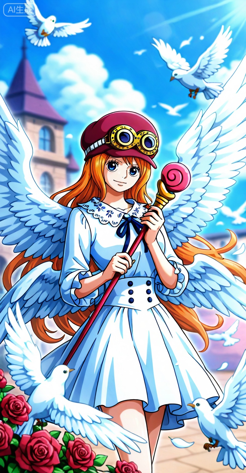 Koala one piece,Koala\(one piece\),1girl,solo,hat,blue eyes,orange hair,goggles,short hair,goggles on headwear,
lvjing,1girl,wings,solo,bird,flower,long hair,dress,dove,angel wings,feathered wings,very long hair,holding,white wings,white dress,rose,staff,multiple wings,animal,4,

,
depth of field,masterpiece,best quality,very aesthetic,alternate costume,alternate costume,2024,2023,perfect composition,ultra-detailed,extreme aesthetic,masterpiece,best quality,good quality,newest,year 2024,year 2023,very aesthetic,absurdres,looking_at_viewer,colorful,
