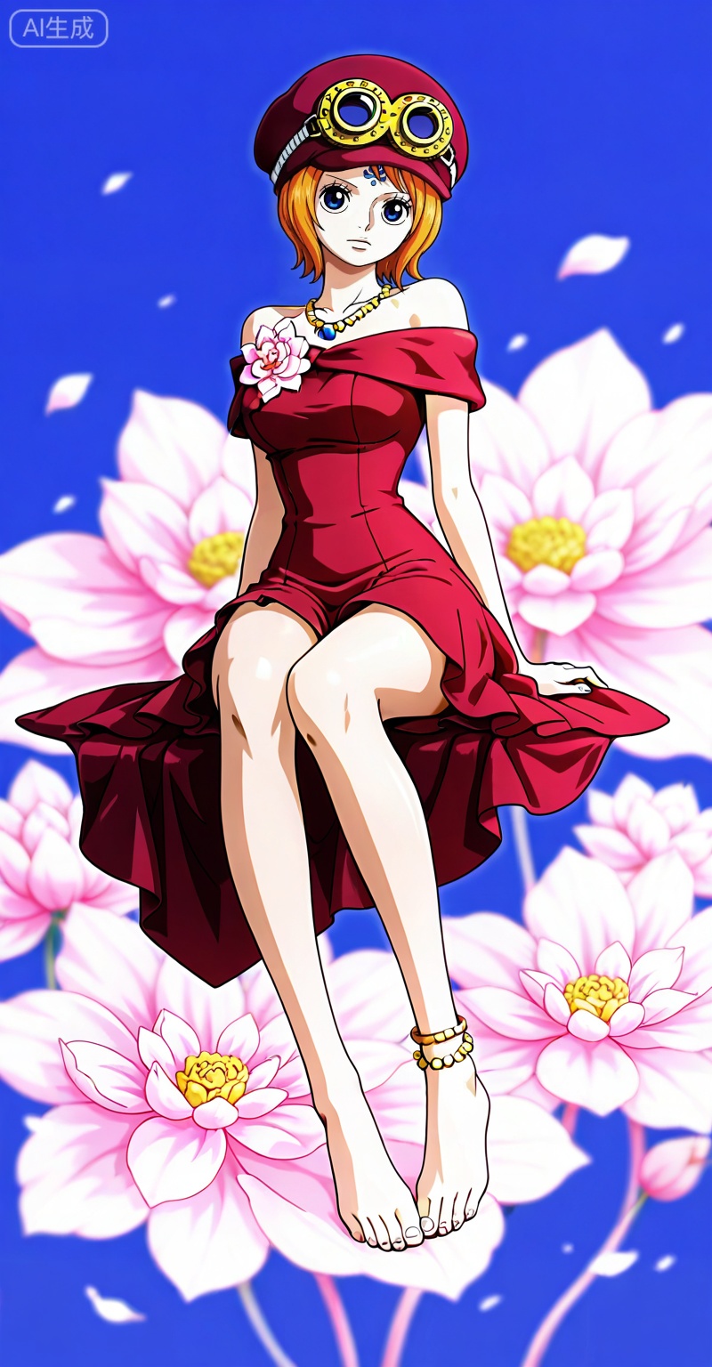 Koala one piece,Koala\(one piece\),1girl,solo,hat,blue eyes,orange hair,goggles,short hair,goggles on headwear,
lvjing,1girl,dress,long hair,red dress,barefoot,hair ornament,flower,white hair,jewelry,forehead mark,full body,anklet,facial mark,bare legs,sitting,necklace,solo,lotus,bare shoulders,3,

,
depth of field,masterpiece,best quality,very aesthetic,alternate costume,alternate costume,2024,2023,perfect composition,ultra-detailed,extreme aesthetic,masterpiece,best quality,good quality,newest,year 2024,year 2023,very aesthetic,absurdres,looking_at_viewer,colorful,(white_background:1.1),simple background,