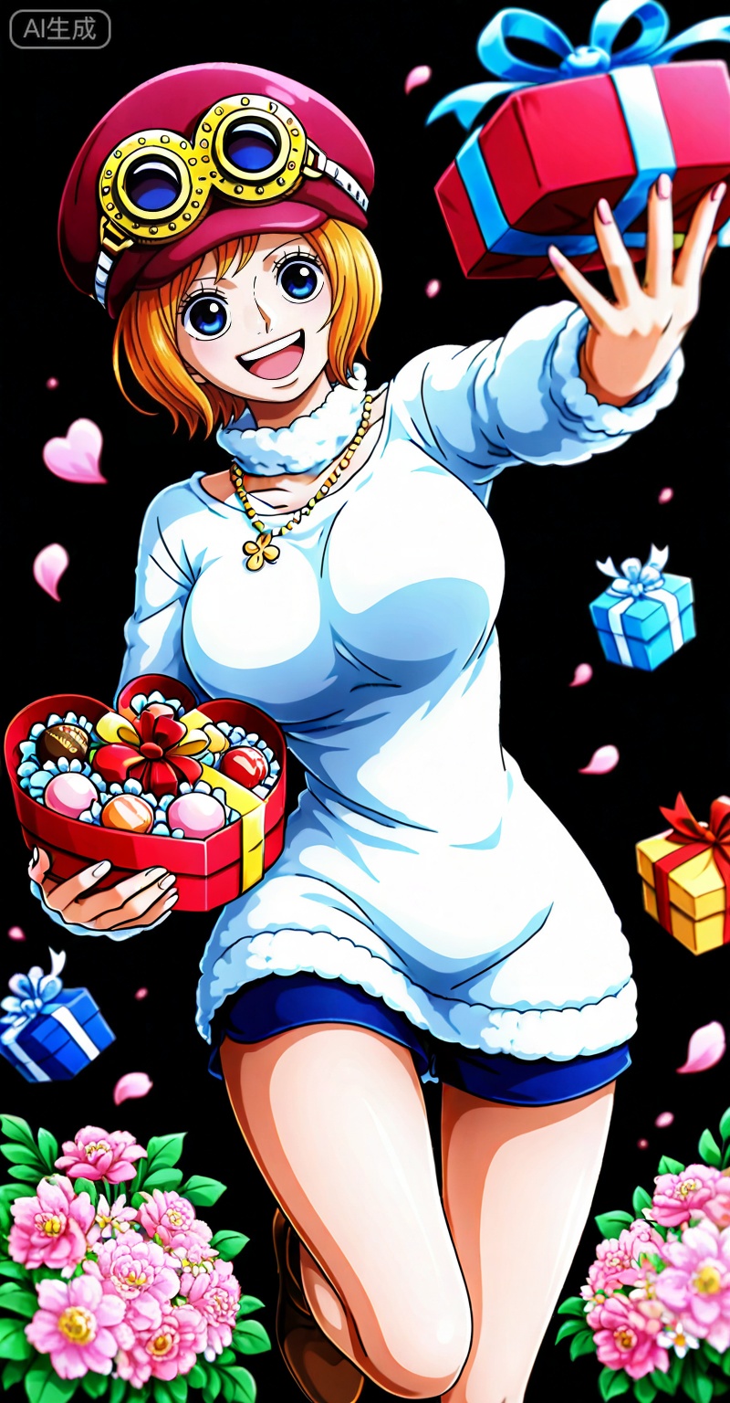 Koala one piece,Koala\(one piece\),1girl,solo,hat,blue eyes,orange hair,goggles,short hair,goggles on headwear,
Koala one piece, Koala\(one piece\), 1girl, short hair, solo, holding, open mouth, white sweater, looking at viewer, smile, orange hair, sweater, flower, blonde hair, gift, heart, box, blue shorts, hat, pink flower, black background, necklace, dress, leg up, shorts, jewelry, :d, gift box, blue eyes, breasts, short dress, holding box
depth of field,masterpiece,best quality,very aesthetic,alternate costume,alternate costume,2024,2023,perfect composition,ultra-detailed,extreme aesthetic,masterpiece,best quality,good quality,newest,year 2024,year 2023,very aesthetic,absurdres,looking_at_viewer,colorful,(white_background:1.1),simple background,