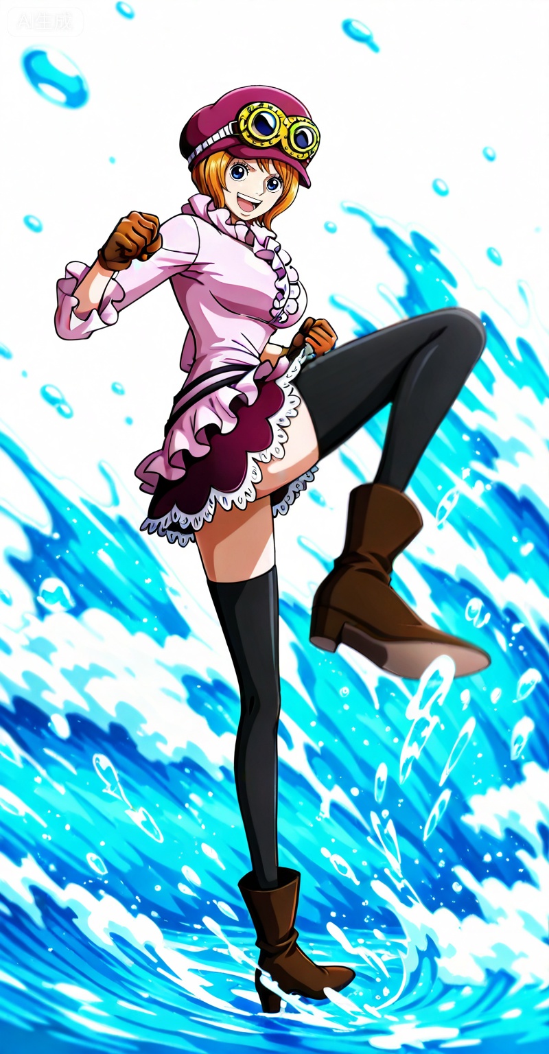 Koala one piece,Koala\(one piece\),1girl,solo,hat,blue eyes,orange hair,goggles,short hair,goggles on headwear,
Koala one piece, Koala\(one piece\), 1girl, solo, thighhighs, hat, gloves, goggles, orange hair, short hair, skirt, goggles on headwear, black thighhighs, boots, frills, open mouth, shirt, blue eyes, pink shirt, brown footwear, kicking, full body, smile, zettai ryouiki, brown gloves, frilled shirt, standing, frilled skirt, teeth, standing on one leg, leg up, water, purple skirt, :d, clenched hands, long sleeves
depth of field,masterpiece,best quality,very aesthetic,alternate costume,alternate costume,2024,2023,perfect composition,ultra-detailed,extreme aesthetic,masterpiece,best quality,good quality,newest,year 2024,year 2023,very aesthetic,absurdres,looking_at_viewer,colorful,(white_background:1.1),simple background,