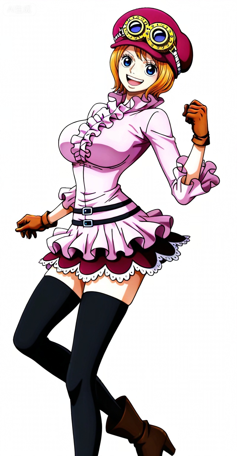 Koala one piece,Koala\(one piece\),1girl,solo,hat,blue eyes,orange hair,goggles,short hair,goggles on headwear,
Koala one piece, Koala\(one piece\), 1girl, thighhighs, blonde hair, hat, goggles, gloves, solo, goggles on headwear, short hair, large breasts, breasts, blue eyes, skirt, open mouth, smile, frills, boots, black thighhighs, pink shirt, brown gloves, belt, brown footwear
depth of field,masterpiece,best quality,very aesthetic,alternate costume,alternate costume,2024,2023,perfect composition,ultra-detailed,extreme aesthetic,masterpiece,best quality,good quality,newest,year 2024,year 2023,very aesthetic,absurdres,looking_at_viewer,colorful,(white_background:1.1),simple background,