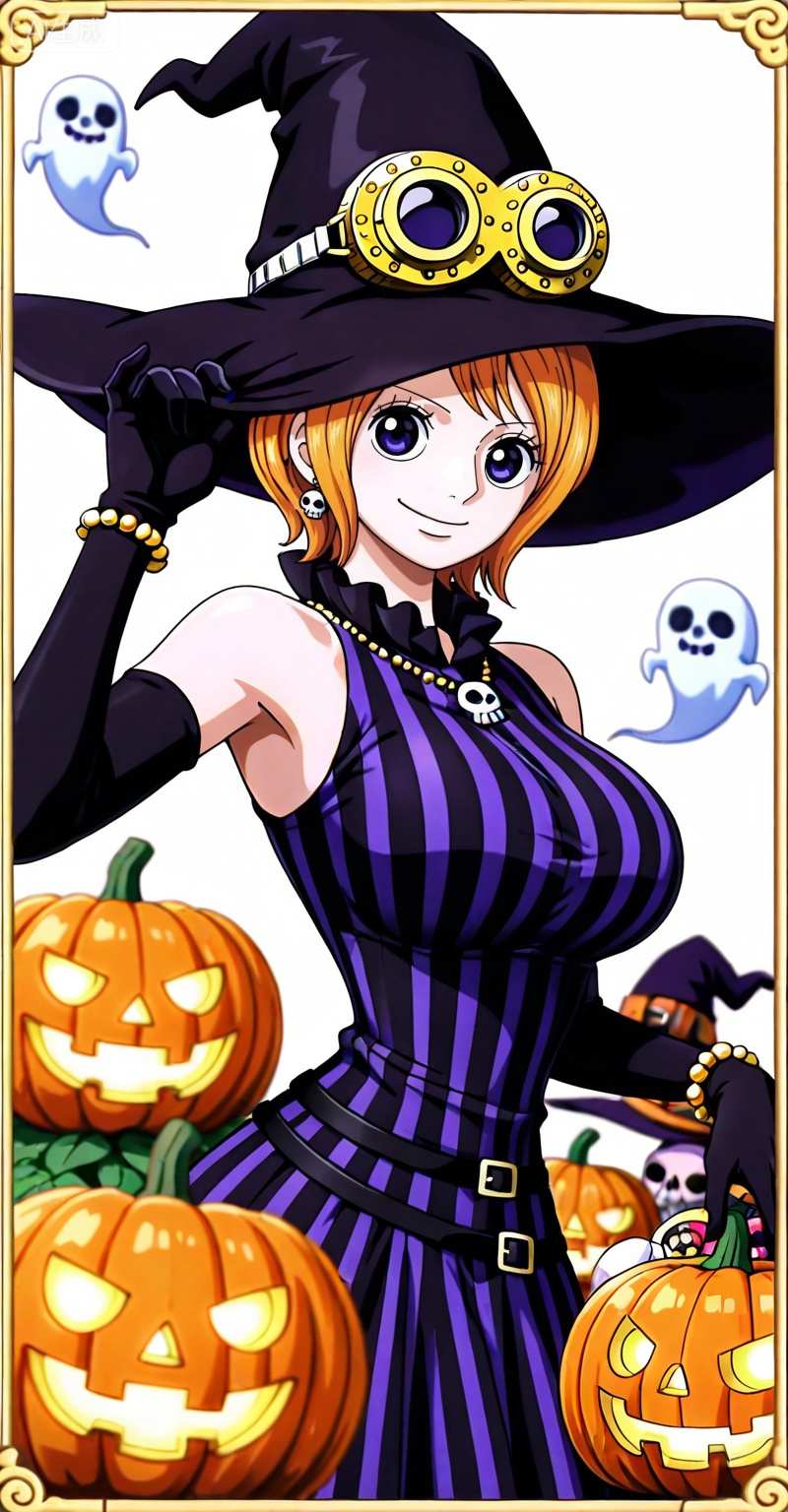 Koala one piece,Koala\(one piece\),1girl,solo,hat,blue eyes,orange hair,goggles,short hair,goggles on headwear,
1girl,witch hat,gloves,jewelry,hat,breasts,solo,jack-o'-lantern,dress,halloween,earrings,ghost,black gloves,necklace,looking at viewer,black dress,pumpkin,smile,black headwear,sleeveless,elbow gloves,happy halloween,sleeveless dress,striped dress,bracelet,purple eyes,border,skull,upper body,halloween costume,witch,striped clothes,hand on headwear,large breasts,closed mouth,bare shoulders,

,
depth of field,masterpiece,best quality,very aesthetic,alternate costume,alternate costume,2024,2023,perfect composition,ultra-detailed,extreme aesthetic,masterpiece,best quality,good quality,newest,year 2024,year 2023,very aesthetic,absurdres,looking_at_viewer,colorful,(white_background:1.1),simple background,