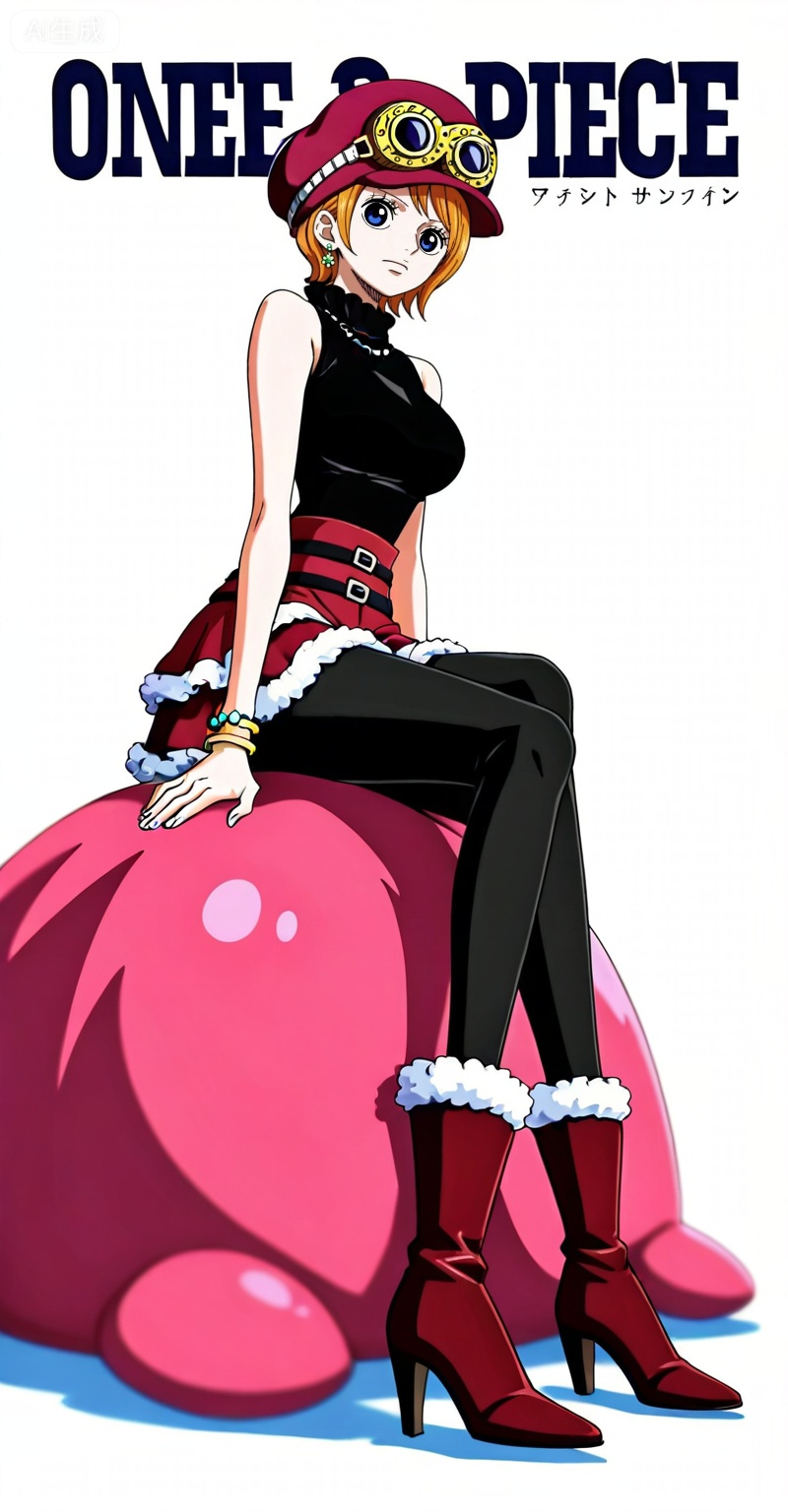 Koala one piece,Koala\(one piece\),1girl,solo,hat,blue eyes,orange hair,goggles,short hair,goggles on headwear,
1girl,boots,fur trim,jewelry,hat,long hair,breasts,red footwear,skirt,fur-trimmed boots,earrings,sitting,red skirt,bracelet,pants,high heels,full body,looking at viewer,belt,closed mouth,black pants,sleeveless,high heel boots,copyright name,bangle,english text,black pantyhose,cover,medium breasts,black shirt,shirt,fur-trimmed skirt,46,

,
depth of field,masterpiece,best quality,very aesthetic,alternate costume,alternate costume,2024,2023,perfect composition,ultra-detailed,extreme aesthetic,masterpiece,best quality,good quality,newest,year 2024,year 2023,very aesthetic,absurdres,looking_at_viewer,colorful,(white_background:1.1),simple background,