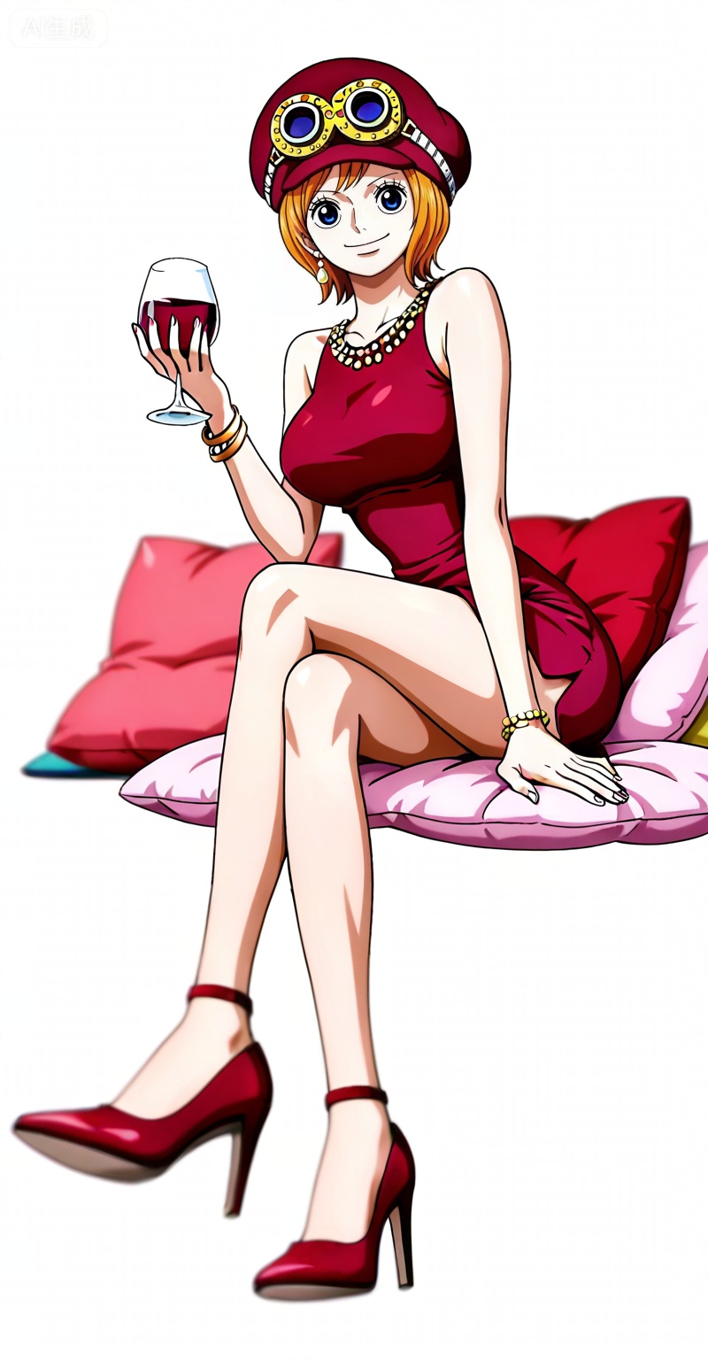 Koala one piece,Koala\(one piece\),1girl,solo,hat,blue eyes,orange hair,goggles,short hair,goggles on headwear,
1girl,solo,dress,high heels,breasts,red dress,jewelry,cup,crossed legs,bracelet,sitting,drinking glass,smile,sleeveless,holding,sleeveless dress,looking at viewer,large breasts,food,cake,wine glass,holding cup,legs,earrings,short dress,bangle,full body,long legs,red footwear,pillow,1

,
depth of field,masterpiece,best quality,very aesthetic,alternate costume,alternate costume,2024,2023,perfect composition,ultra-detailed,extreme aesthetic,masterpiece,best quality,good quality,newest,year 2024,year 2023,very aesthetic,absurdres,looking_at_viewer,colorful,(white_background:1.1),simple background,