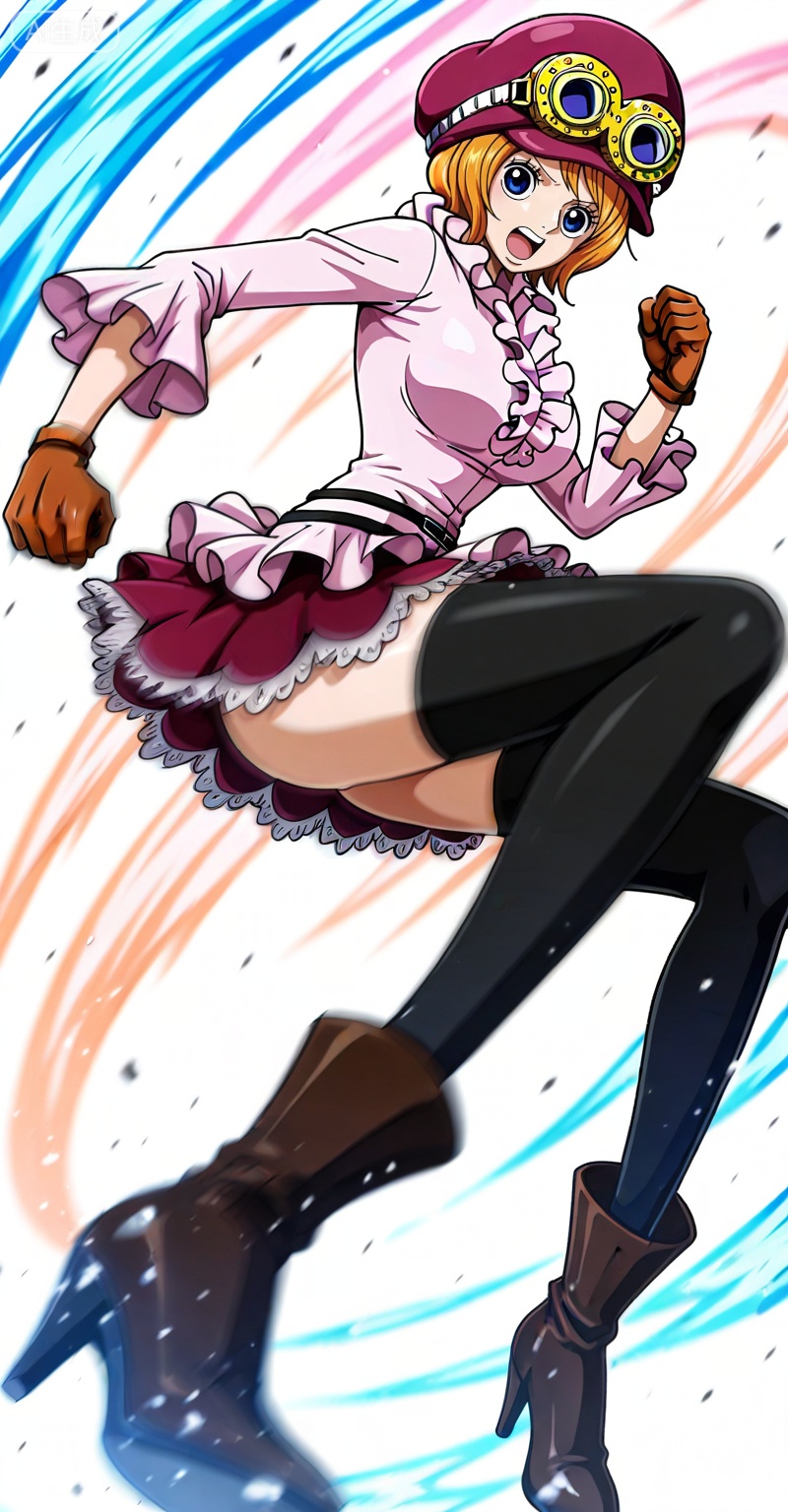 Koala one piece,Koala\(one piece\),1girl,solo,hat,blue eyes,orange hair,goggles,short hair,goggles on headwear,
Koala one piece, Koala\(one piece\), 1girl, solo, thighhighs, goggles, blue eyes, gloves, hat, goggles on headwear, skirt, short hair, blonde hair, boots, black thighhighs, open mouth, pink shirt, goggles on head, shirt, frills, high heels, breasts, motion blur, kicking
depth of field,masterpiece,best quality,very aesthetic,alternate costume,alternate costume,2024,2023,perfect composition,ultra-detailed,extreme aesthetic,masterpiece,best quality,good quality,newest,year 2024,year 2023,very aesthetic,absurdres,looking_at_viewer,colorful,(white_background:1.1),simple background,