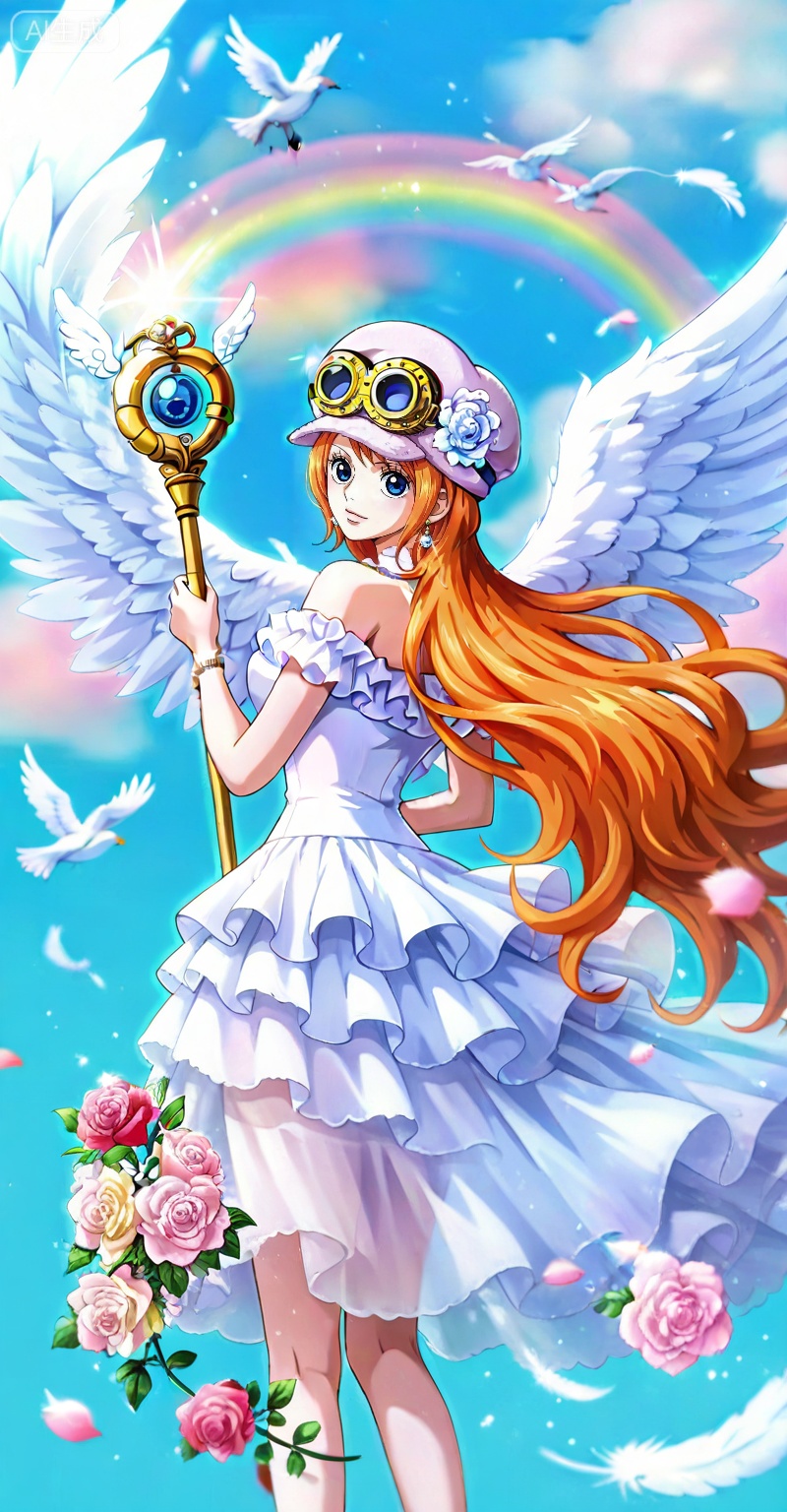 Koala one piece,Koala\(one piece\),1girl,solo,hat,blue eyes,orange hair,goggles,short hair,goggles on headwear,
lvjing,1girl,long hair,solo,dress,flower,wings,very long hair,jewelry,staff,pegasus,angel wings,rose,hair ornament,rainbow,earrings,white dress,bird,hair flower,holding,bare shoulders,white wings,6,

,
depth of field,masterpiece,best quality,very aesthetic,alternate costume,alternate costume,2024,2023,perfect composition,ultra-detailed,extreme aesthetic,masterpiece,best quality,good quality,newest,year 2024,year 2023,very aesthetic,absurdres,looking_at_viewer,colorful,(white_background:1.1),simple background,